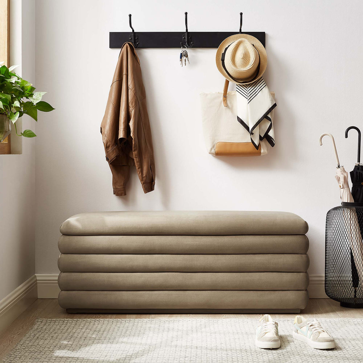 Mezzo Taupe Upholstered Performance Velvet Storage Bench - Ornate Home