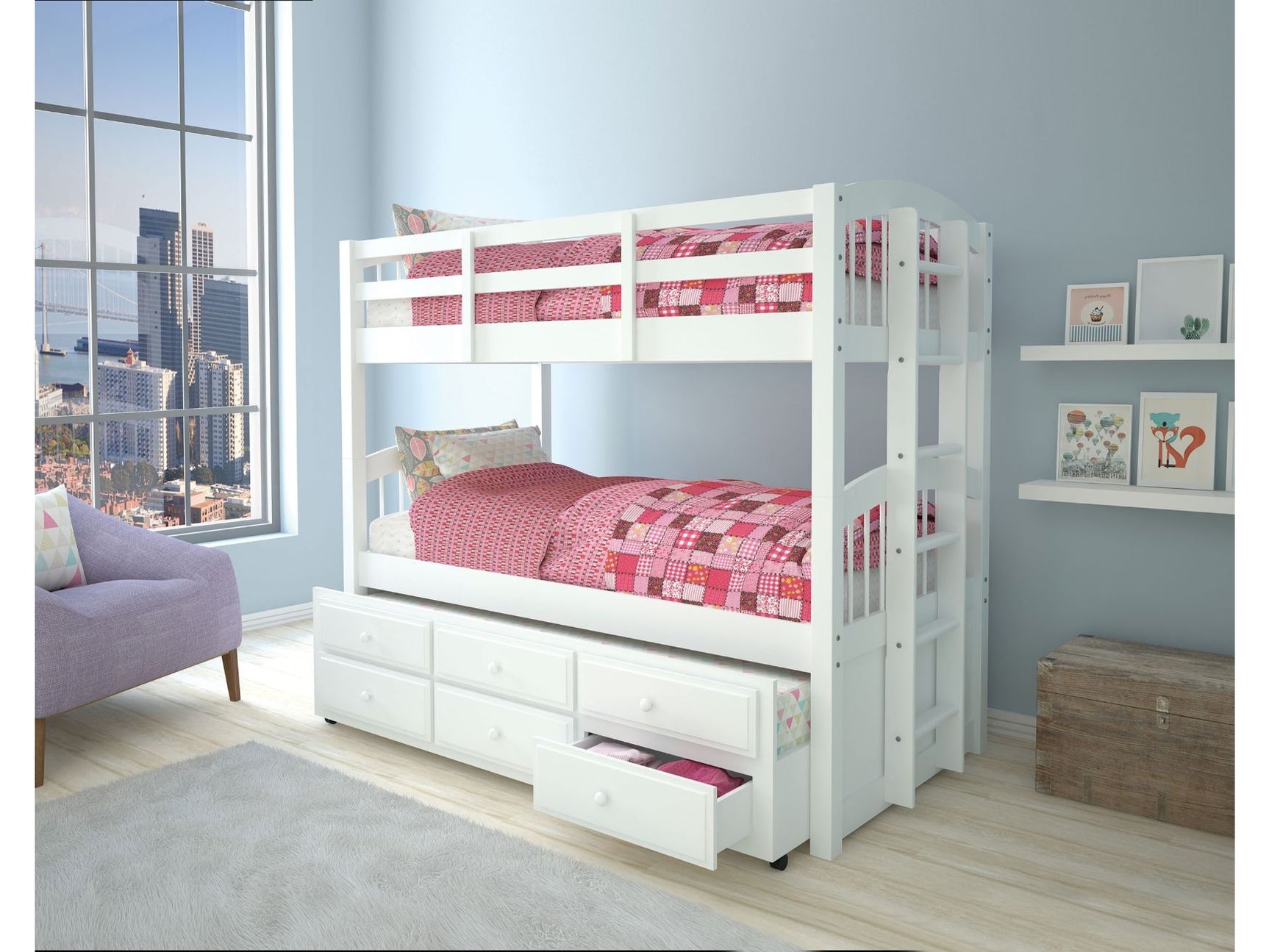 Micah White Twin/Twin Bunk Bed w/Trundle & Storage - Ornate Home