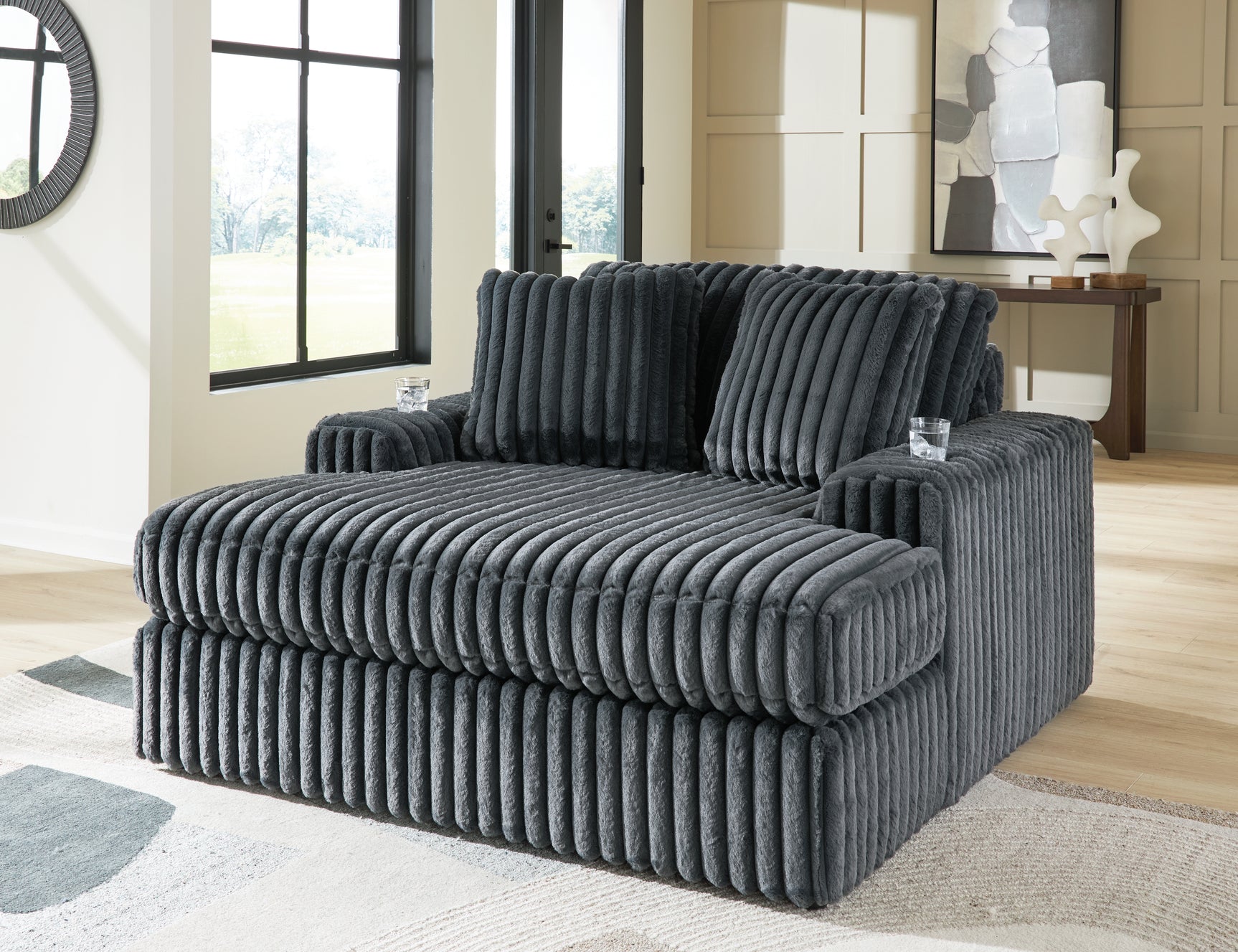 Midnight-Madness Gunmetal Sofa, Loveseat and Oversized Chaise - Ornate Home