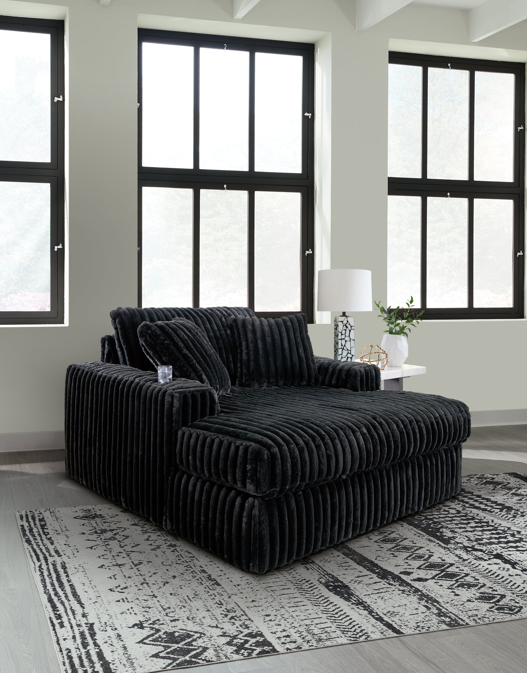 Midnight-Madness Onyx 3-Piece Sectional, Chaise and Oversized Accent Ottoman - Ornate Home