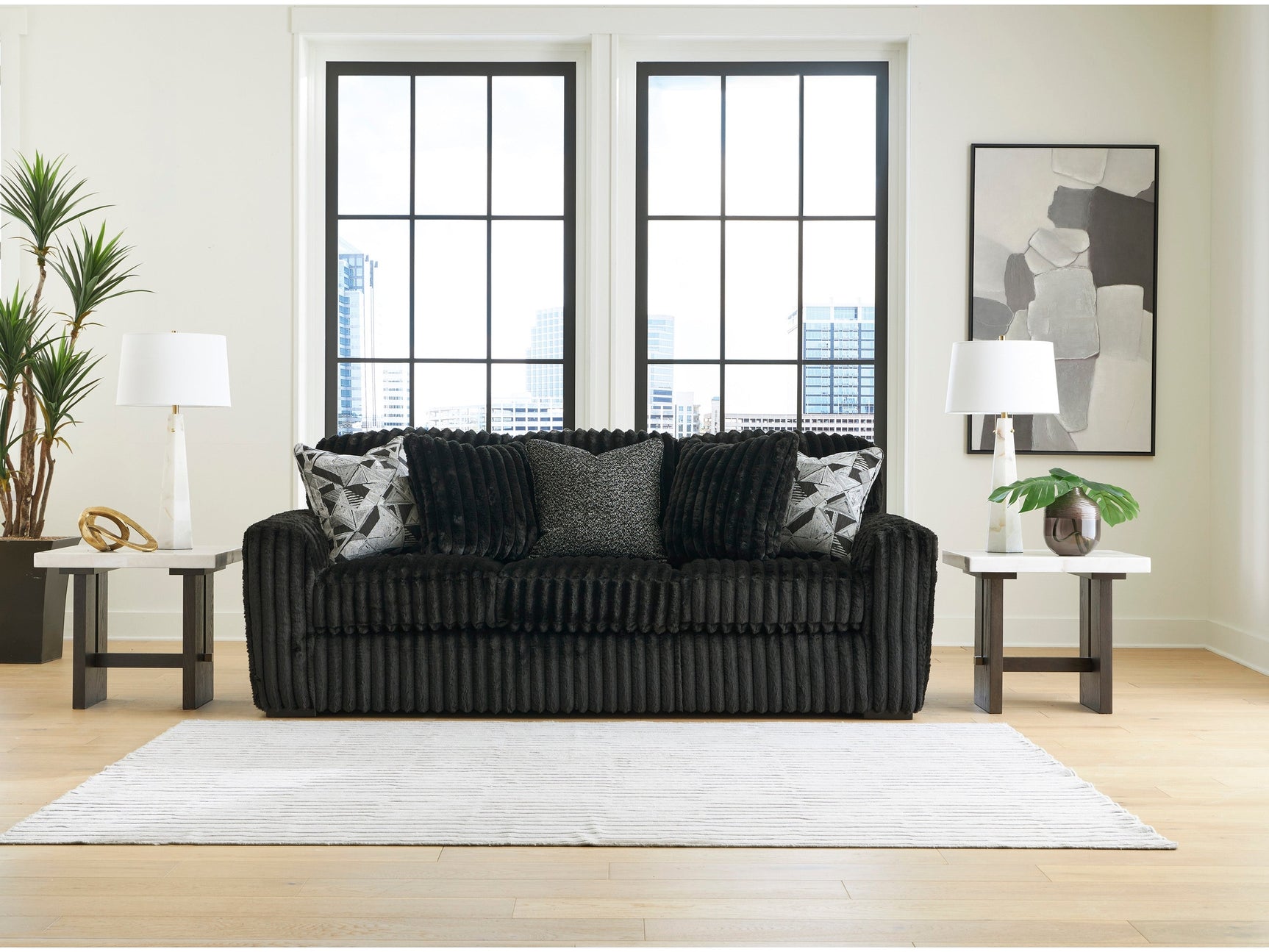 Midnight-Madness Onyx Corduroy Sofa and Loveseat Living Room Set - Ornate Home