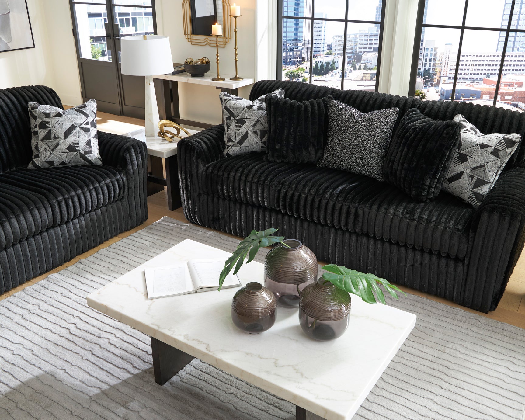 Midnight-Madness Onyx Corduroy Sofa and Loveseat Living Room Set - Ornate Home