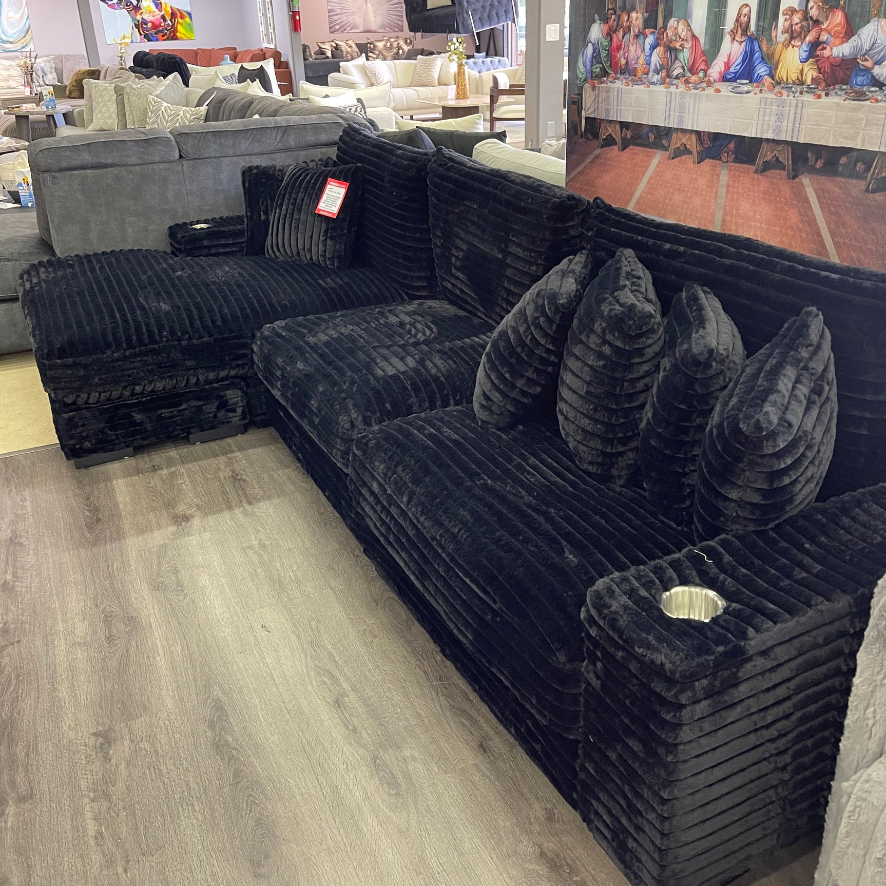 Midnight-Madness ll Black Jumbo Corduroy 3pc Reversible Sectional Sofa w/ Dual Cupholders & USB Ports - Ornate Home