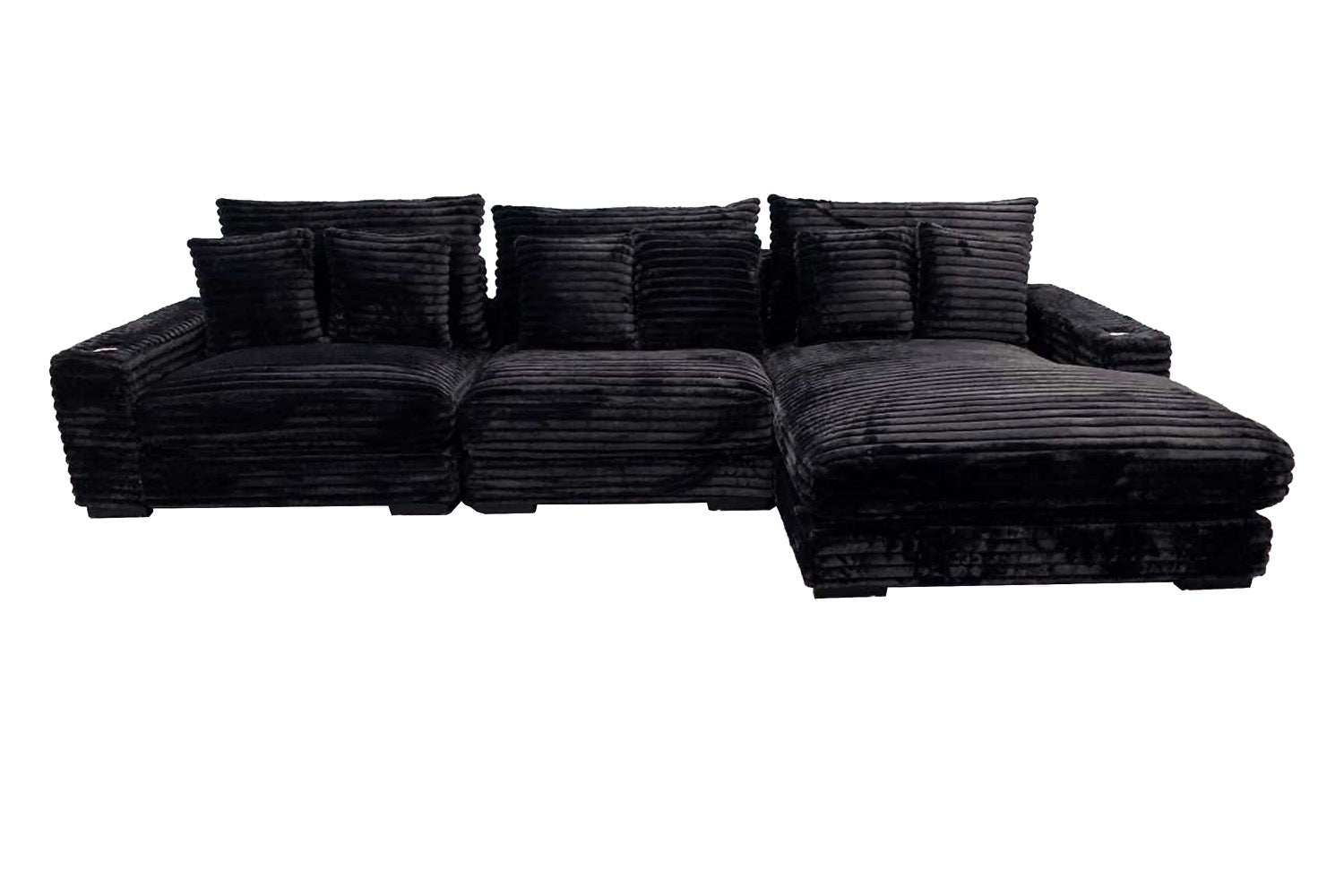 Midnight-Madness ll Black Jumbo Corduroy 3pc Reversible Sectional Sofa w/ Dual Cupholders & USB Ports - Ornate Home