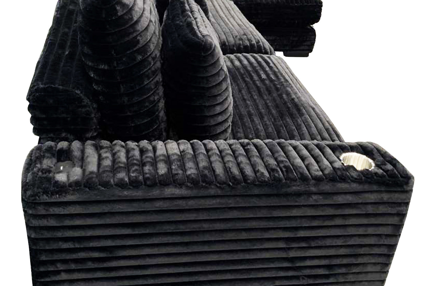 Midnight-Madness ll Black Jumbo Corduroy 3pc Reversible Sectional Sofa w/ Dual Cupholders & USB Ports - Ornate Home