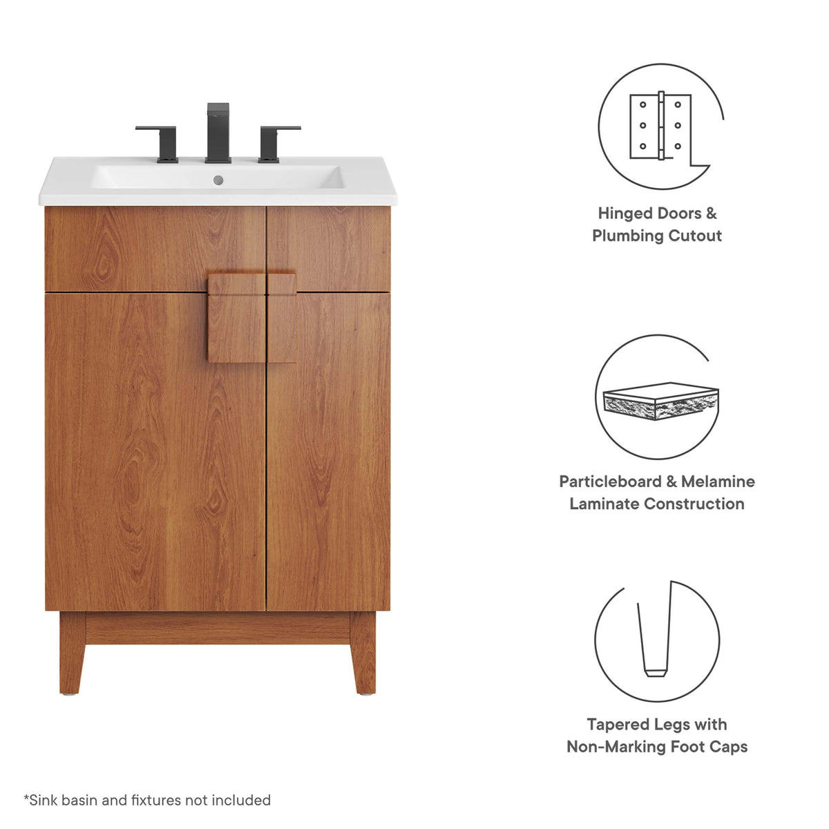 Miles Walnut 24" Bathroom Vanity Cabinet (Sink Basin Not Included) - Ornate Home