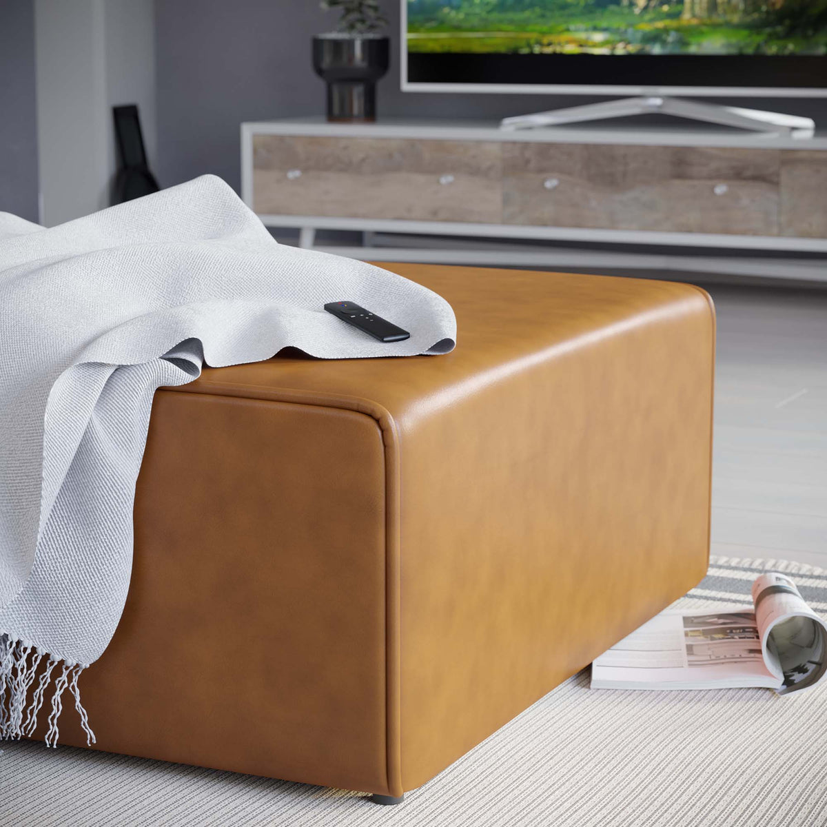 Mingle Tan Vegan Leather Ottoman - Ornate Home