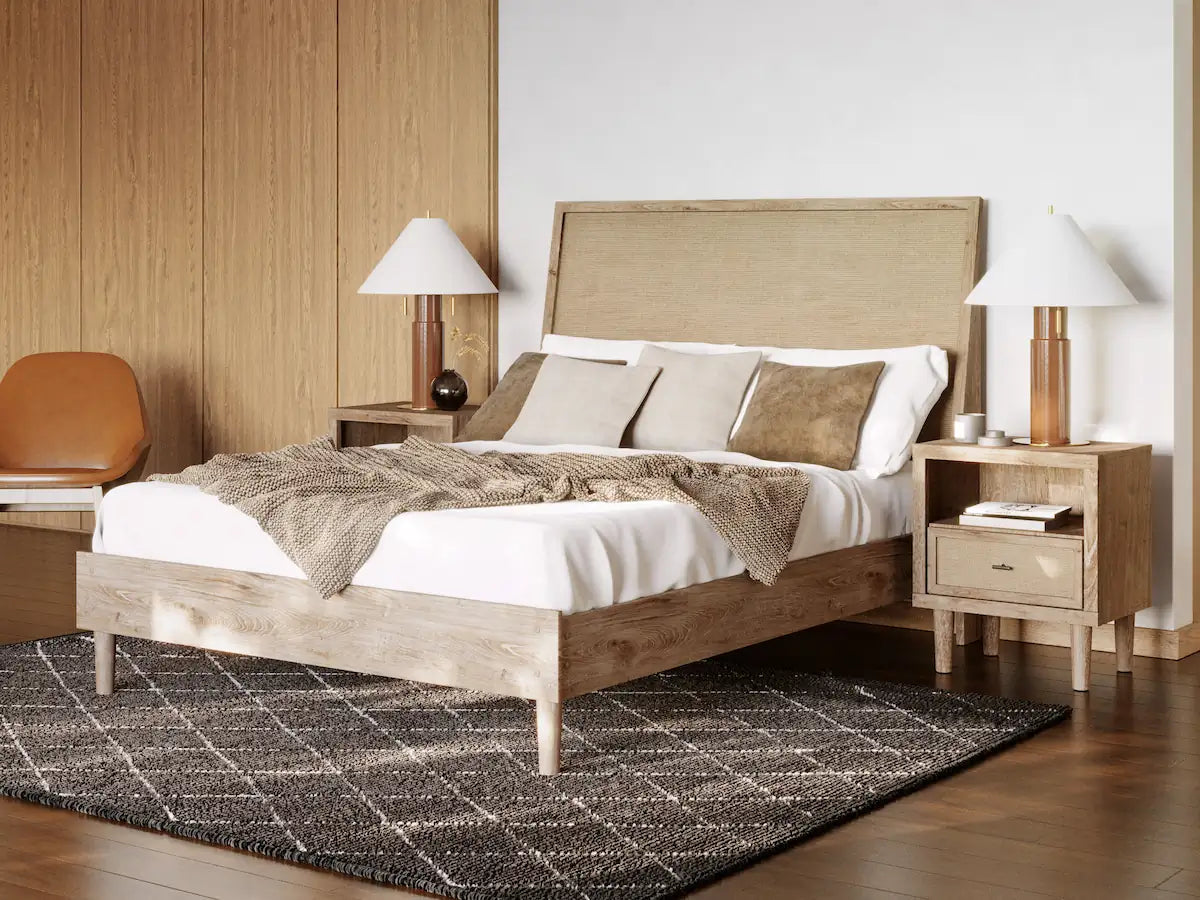 Mira Light Oak Queen Bed Frame and 2 Smart Nightstands - Ornate Home
