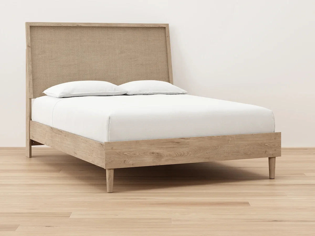 Mira Light Oak Queen Bed Frame and 2 Smart Nightstands - Ornate Home