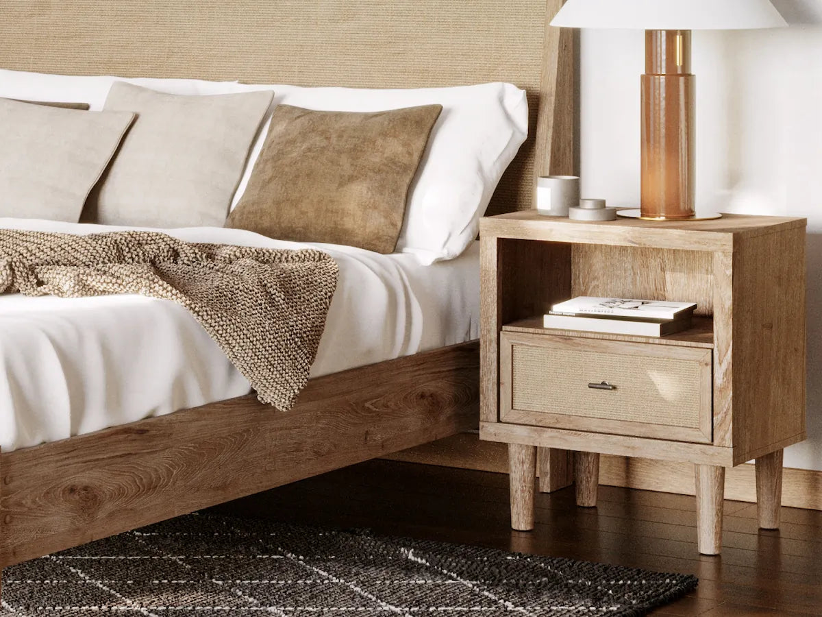 Mira Light Oak Queen Bed Frame and 2 Smart Nightstands - Ornate Home