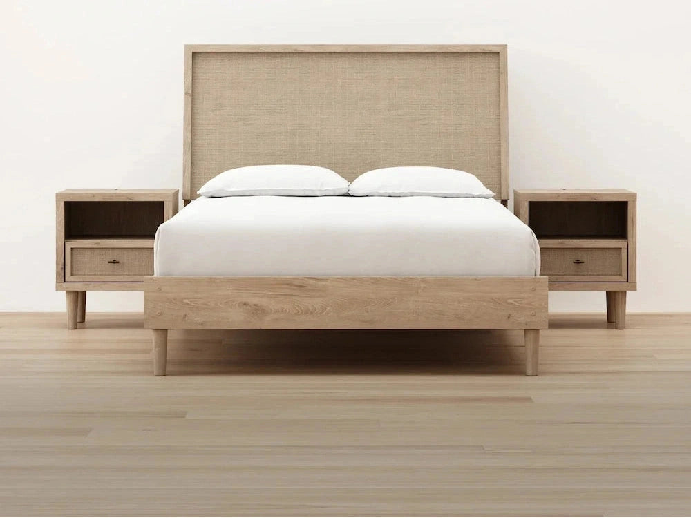Mira Light Oak Queen Bed Frame and 2 Smart Nightstands - Ornate Home