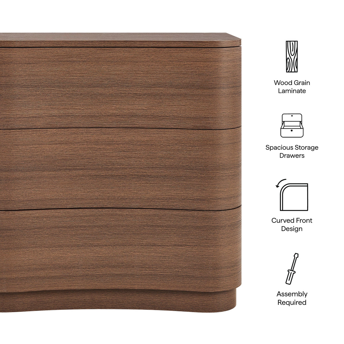 Mirae Brushed Brown Oak 3-Drawer Curved Compact Dresser - Ornate Home