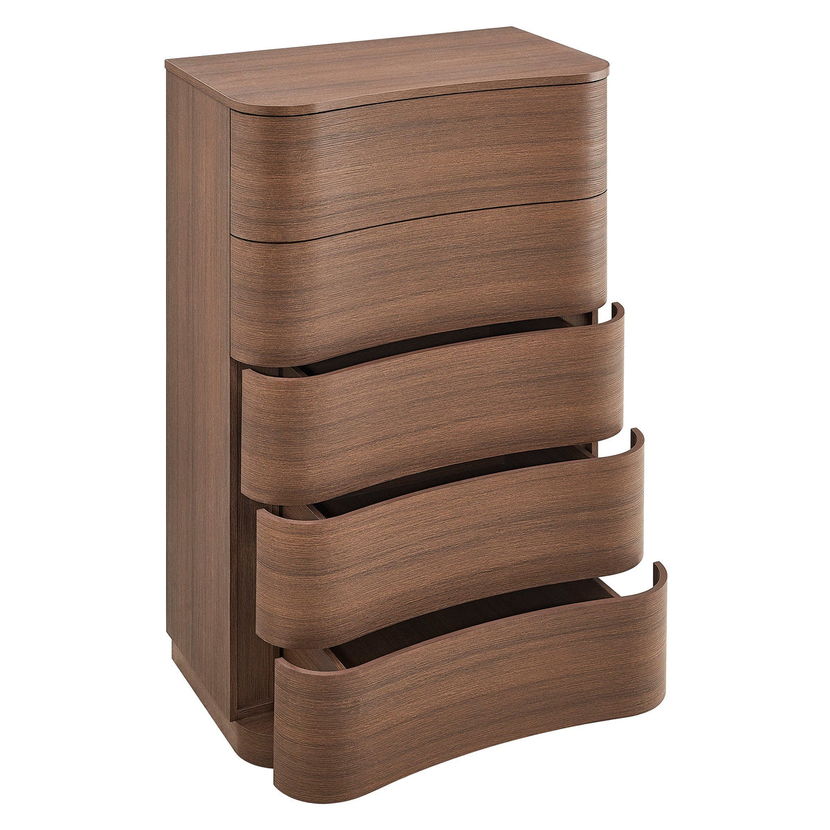 Mirae Brushed Brown Oak 5-Drawer Curved Dresser Chest of Drawers - Ornate Home