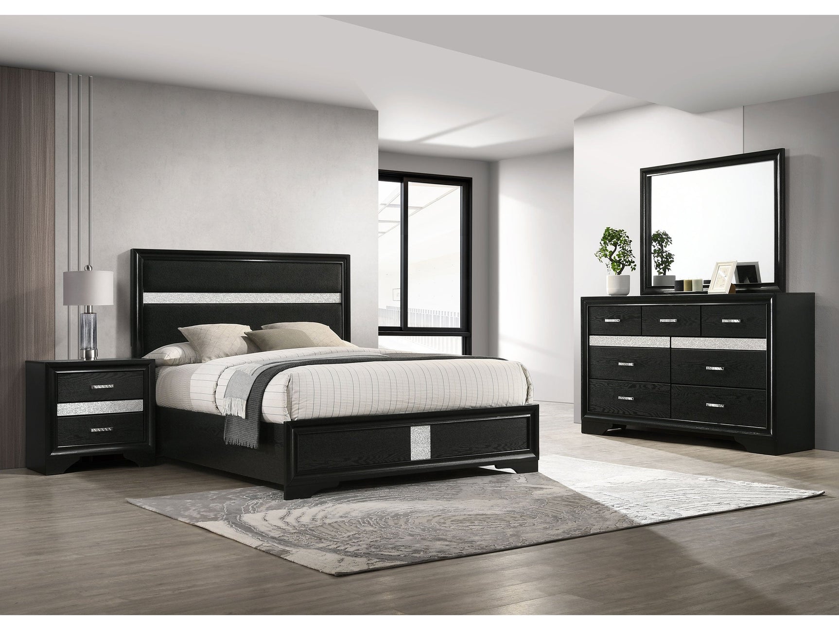 Miranda Black 4-piece California King Bedroom Set with Panel Bed - Ornate Home