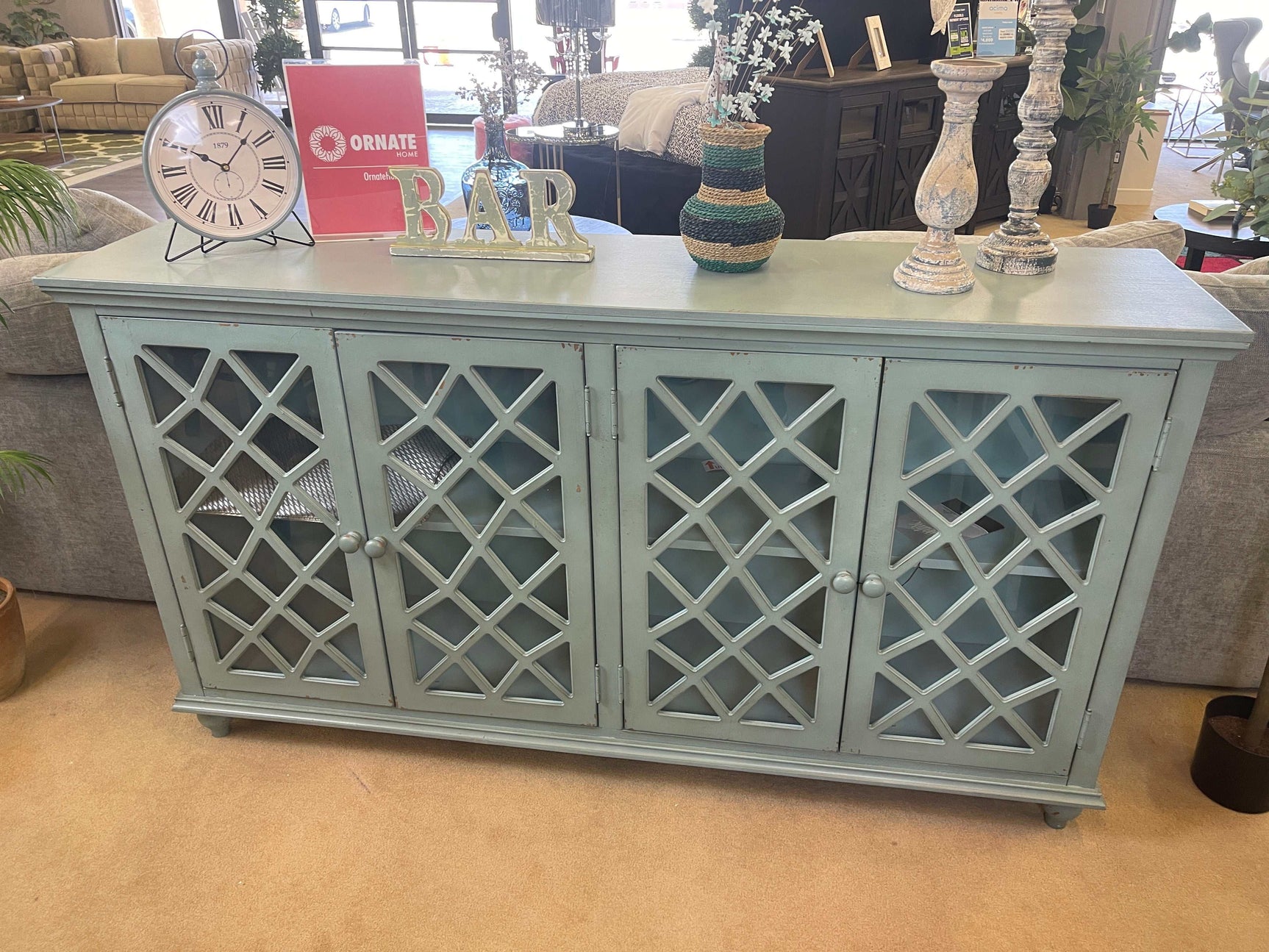 Mirimyn Antique Teal Accent Cabinet w/ 4 Door (Online Special Price) - Ornate Home