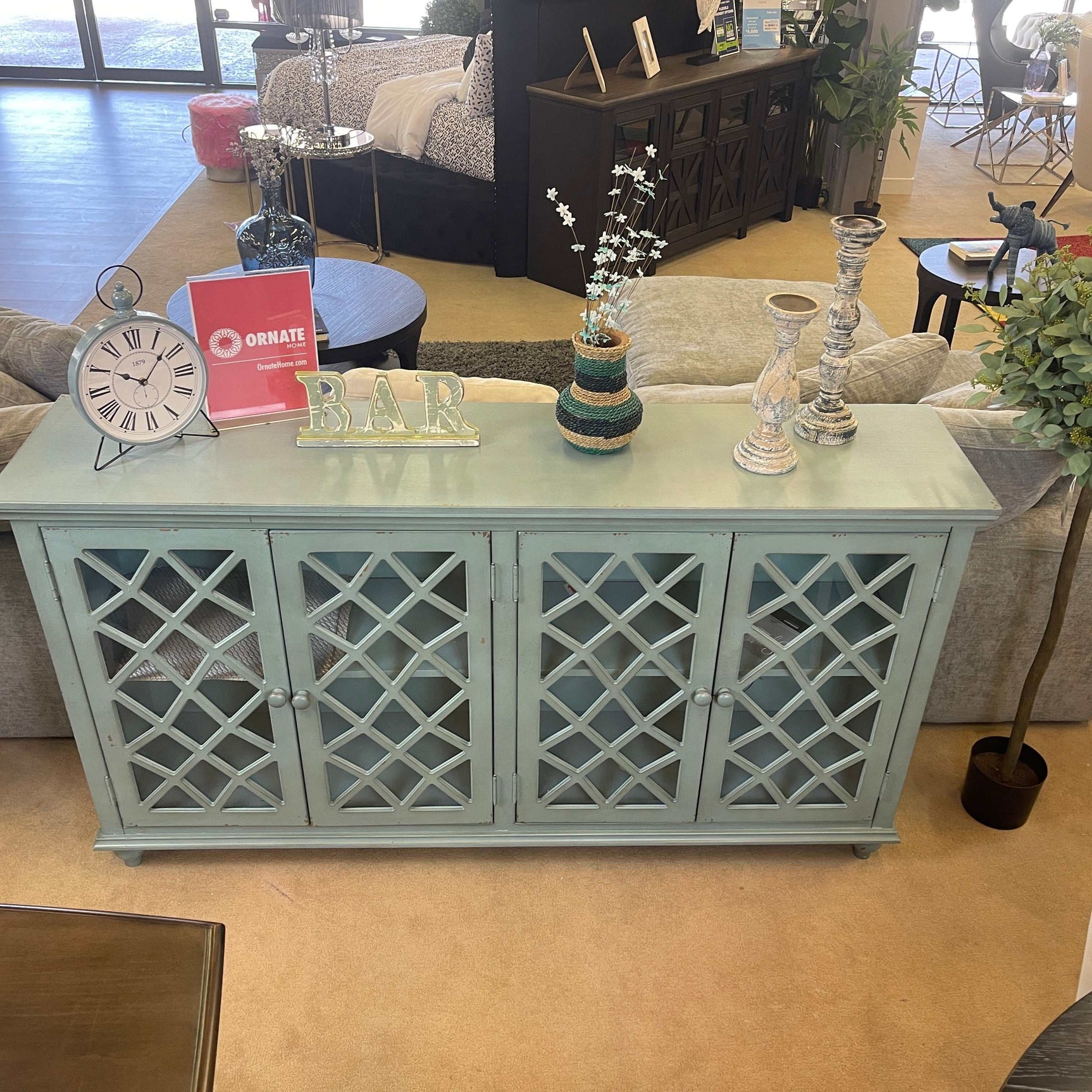 Mirimyn Antique Teal Accent Cabinet w/ 4 Door (Online Special Price) - Ornate Home