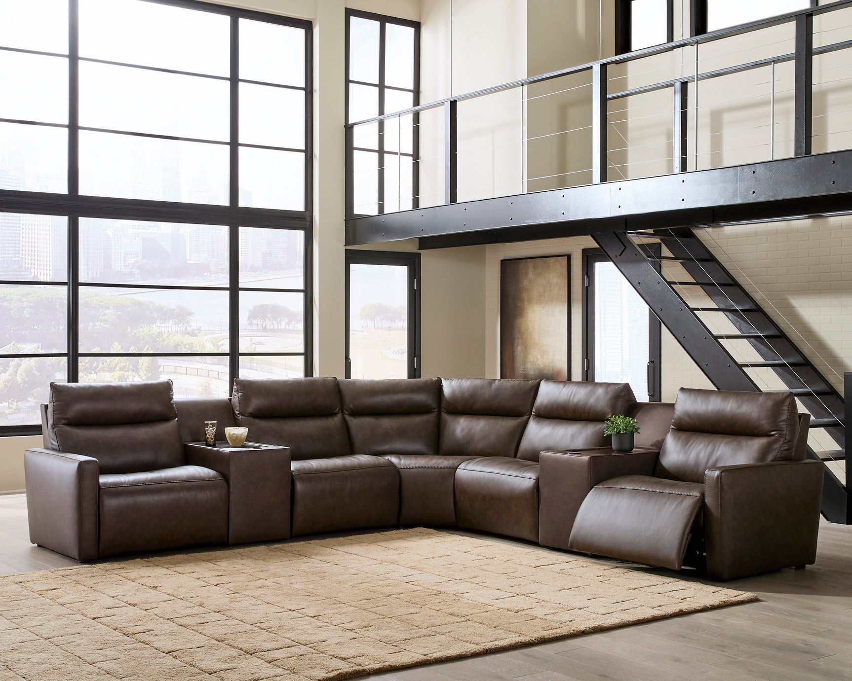 ModZ Chocolate 7-Piece Power Reclining Sectional with Audio Consoles - Ornate Home
