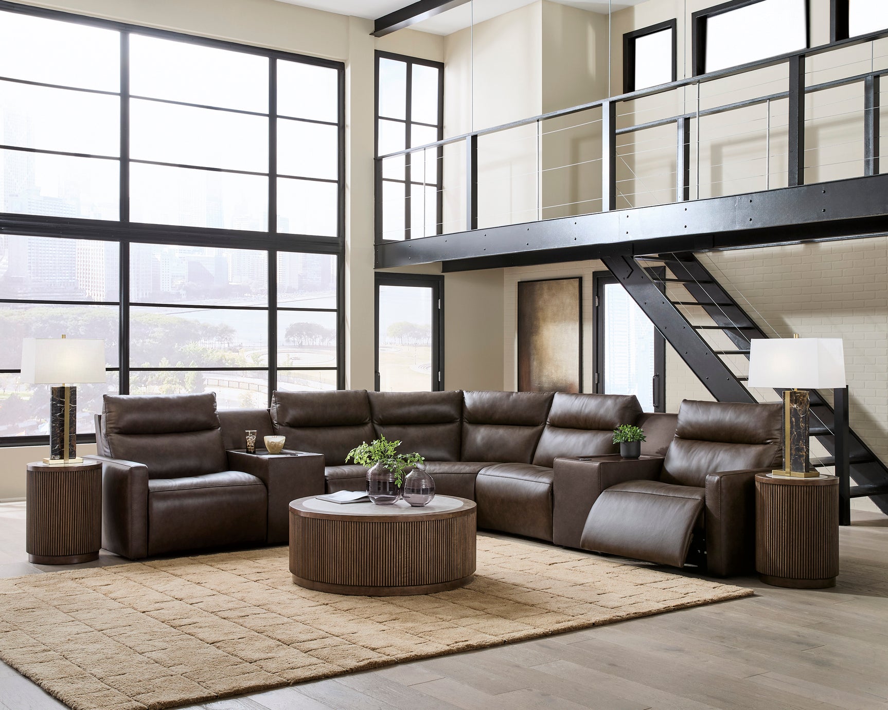 ModZ Chocolate 7-Piece Power Reclining Sectional with Audio Consoles - Ornate Home