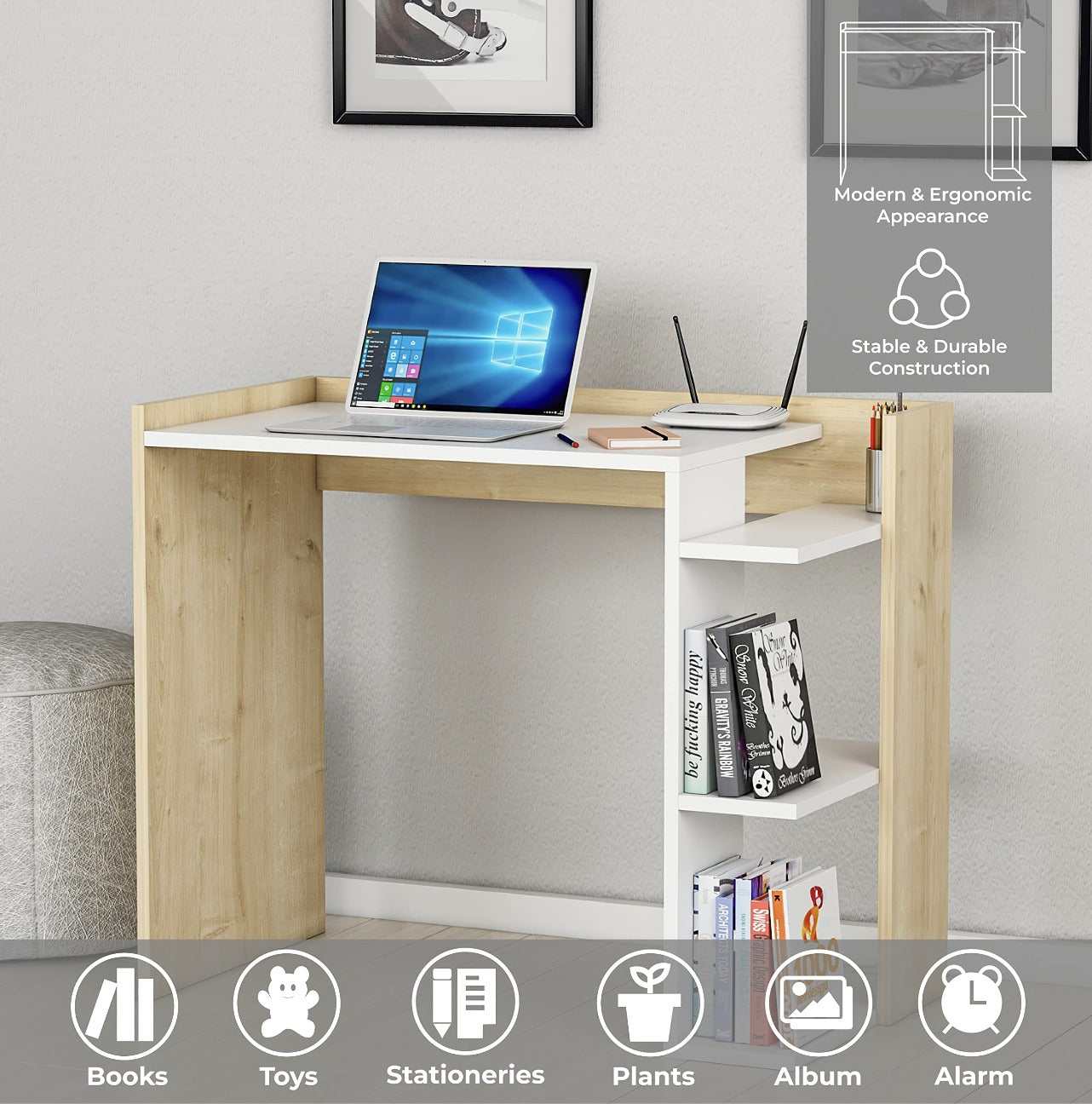 Modeazy Natural & White Multi-Purpose Side Desk - Ornate Home