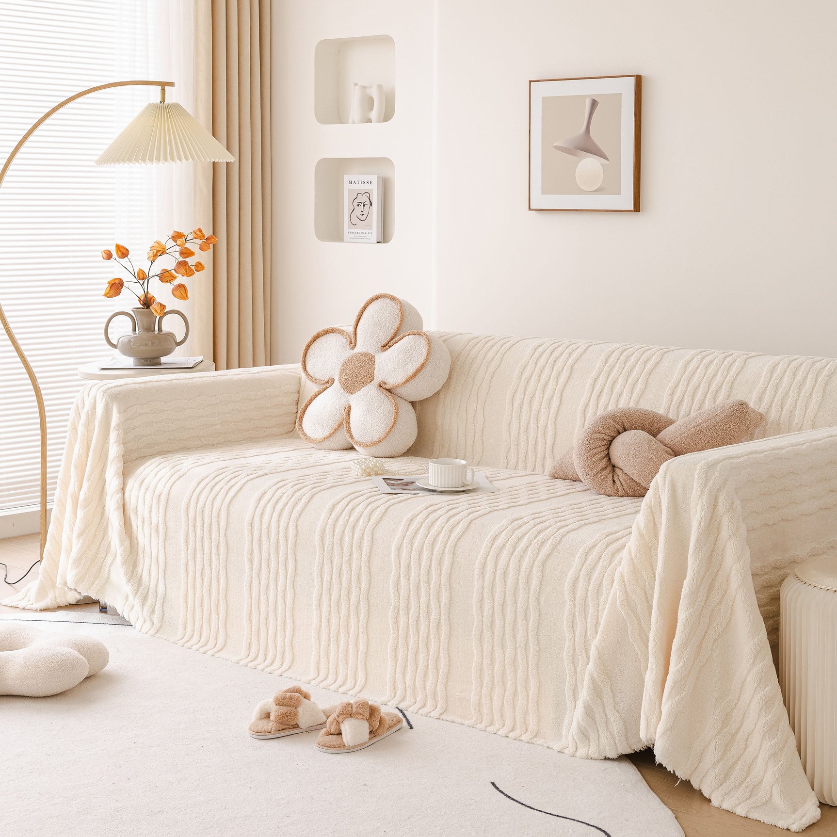 Modern 3D Water Ripple Sofa Cover, Non-Shedding Cream Style Furniture Protector Throw