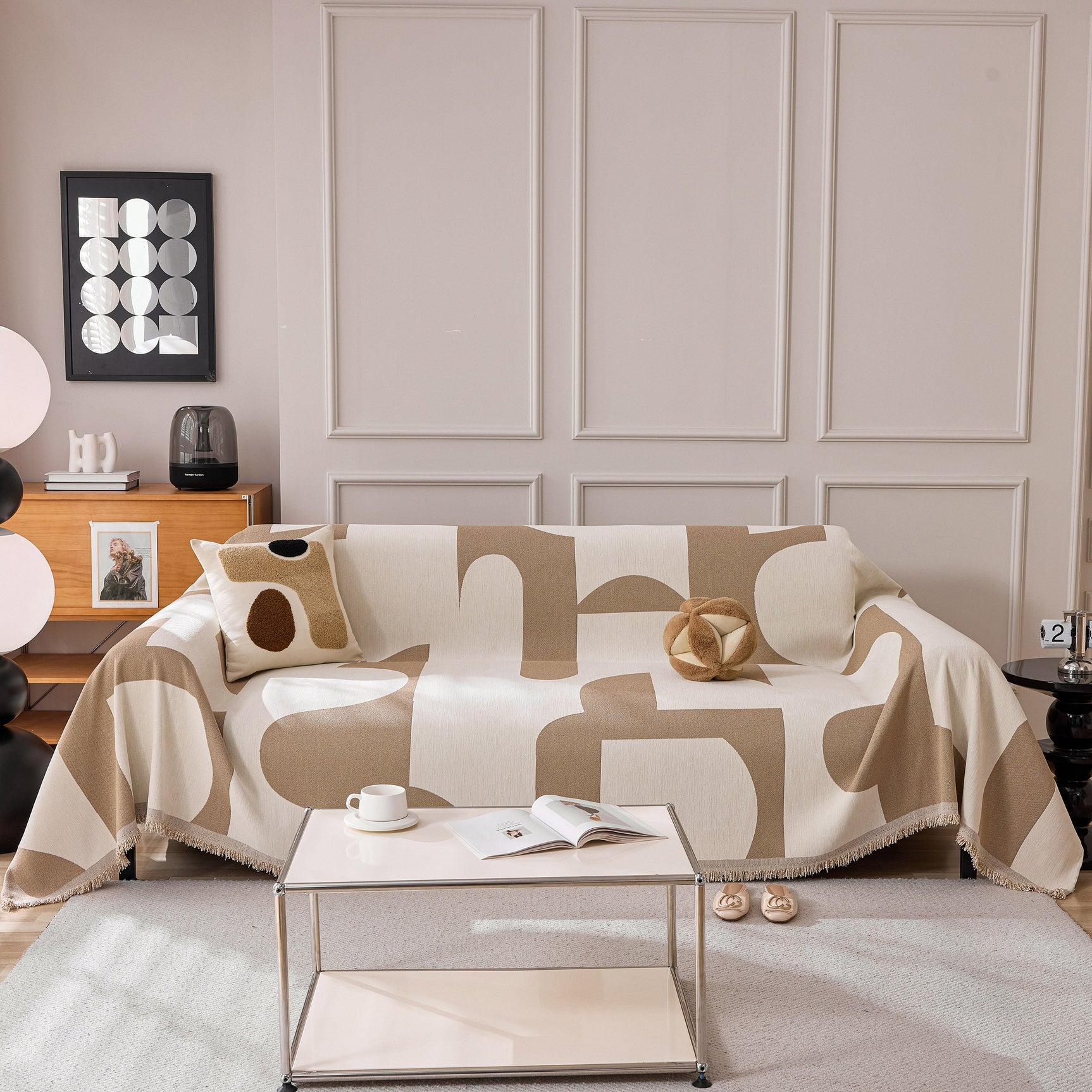 Modern Abstract Chenille Sofa Cover, Large Soft Throw Blanket with Tassels for Couch - Ornate Home