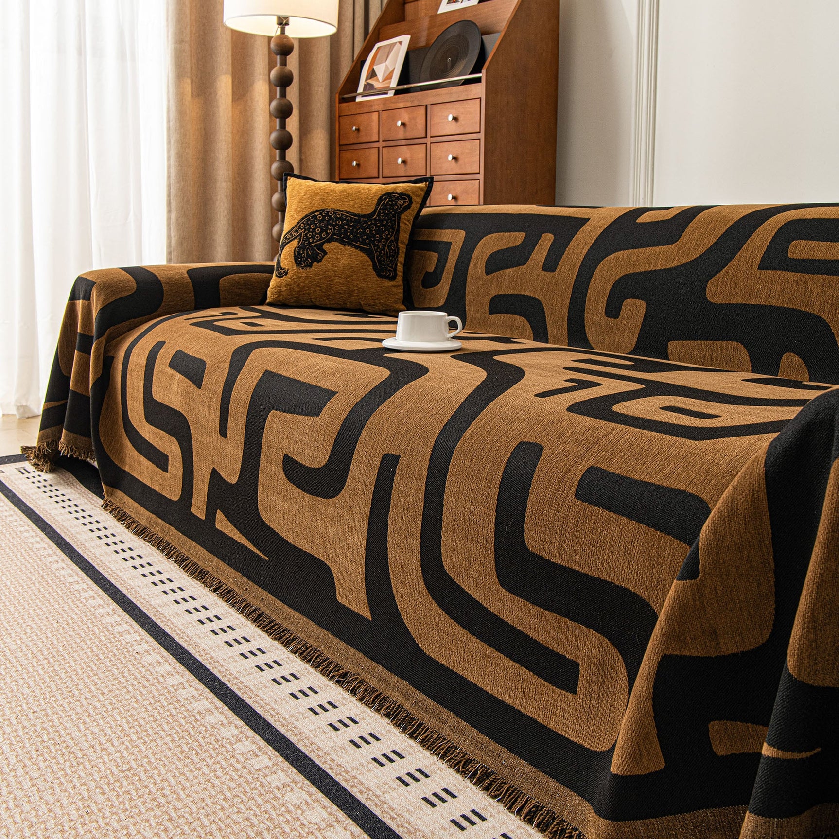 Modern Boho Chenille Sofa Cover Throw Blanket, Abstract Geometric Pattern Couch Cover - Ornate Home