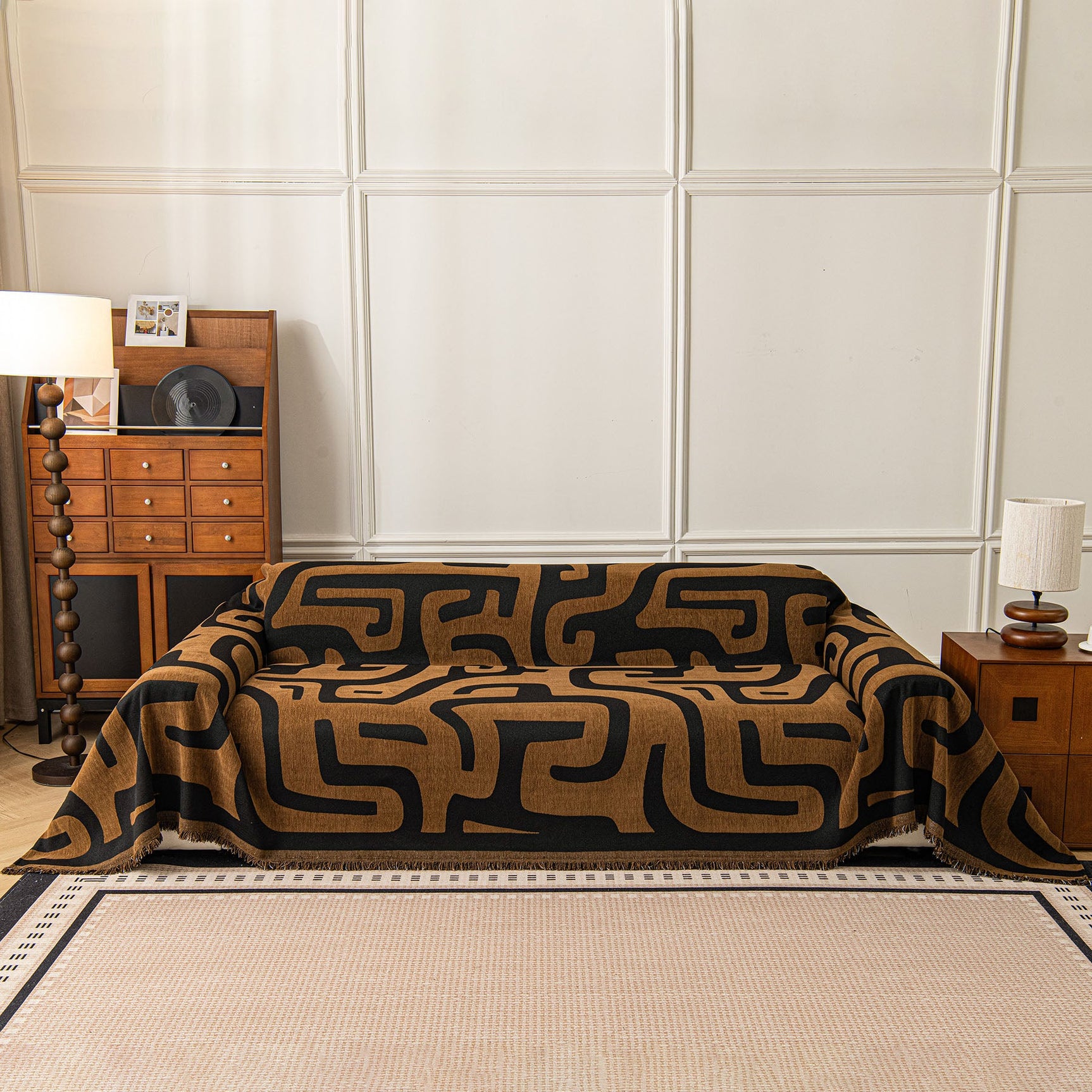 Modern Boho Chenille Sofa Cover Throw Blanket, Abstract Geometric Pattern Couch Cover - Ornate Home