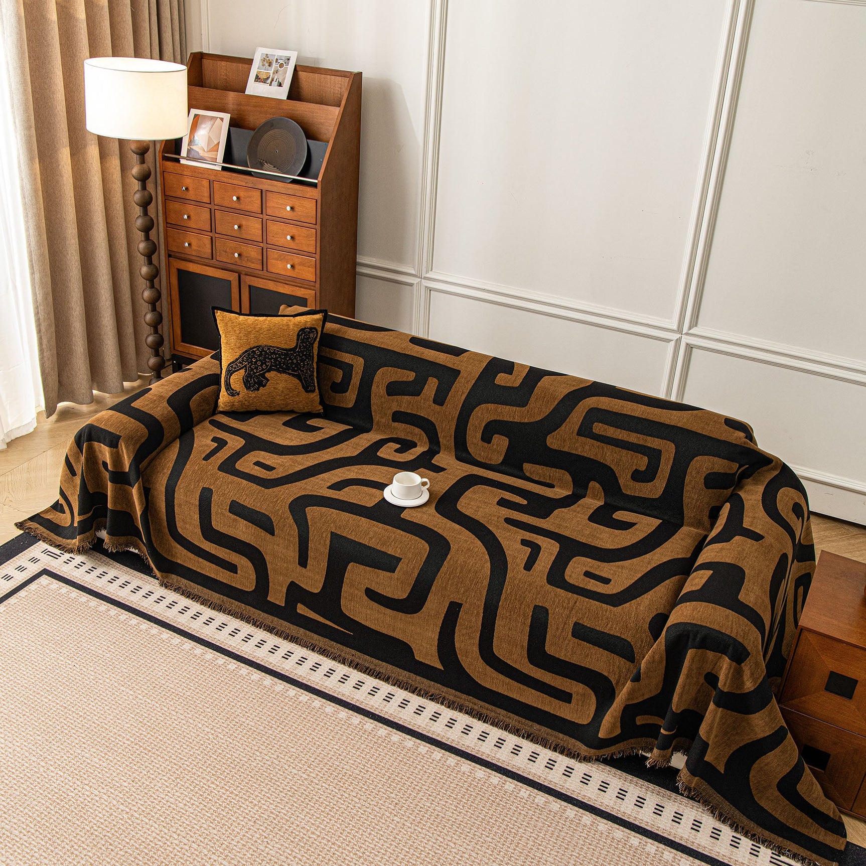 Modern Boho Chenille Sofa Cover Throw Blanket, Abstract Geometric Pattern Couch Cover - Ornate Home