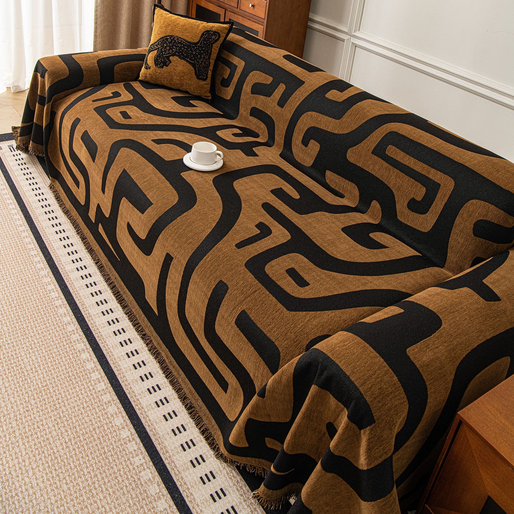 Modern Boho Chenille Sofa Cover Throw Blanket, Abstract Geometric Pattern Couch Cover - Ornate Home