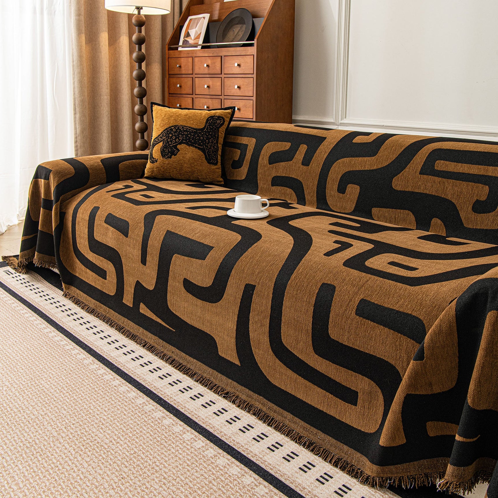 Modern Boho Chenille Sofa Cover Throw Blanket, Abstract Geometric Pattern Couch Cover - Ornate Home