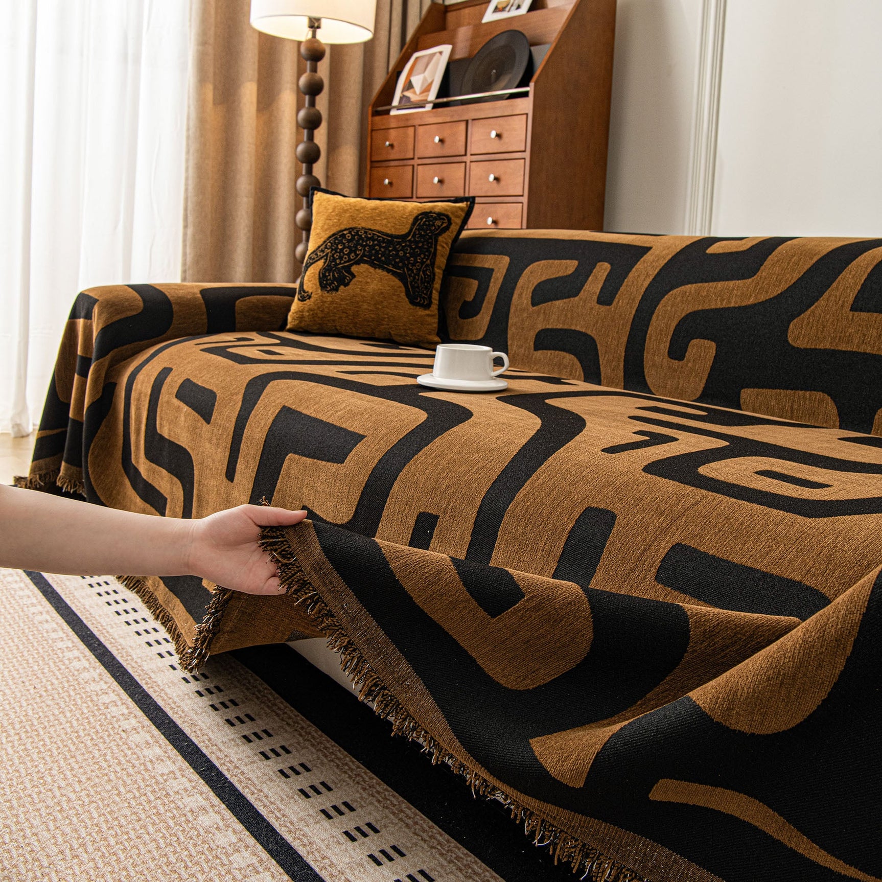 Modern Boho Chenille Sofa Cover Throw Blanket, Abstract Geometric Pattern Couch Cover - Ornate Home