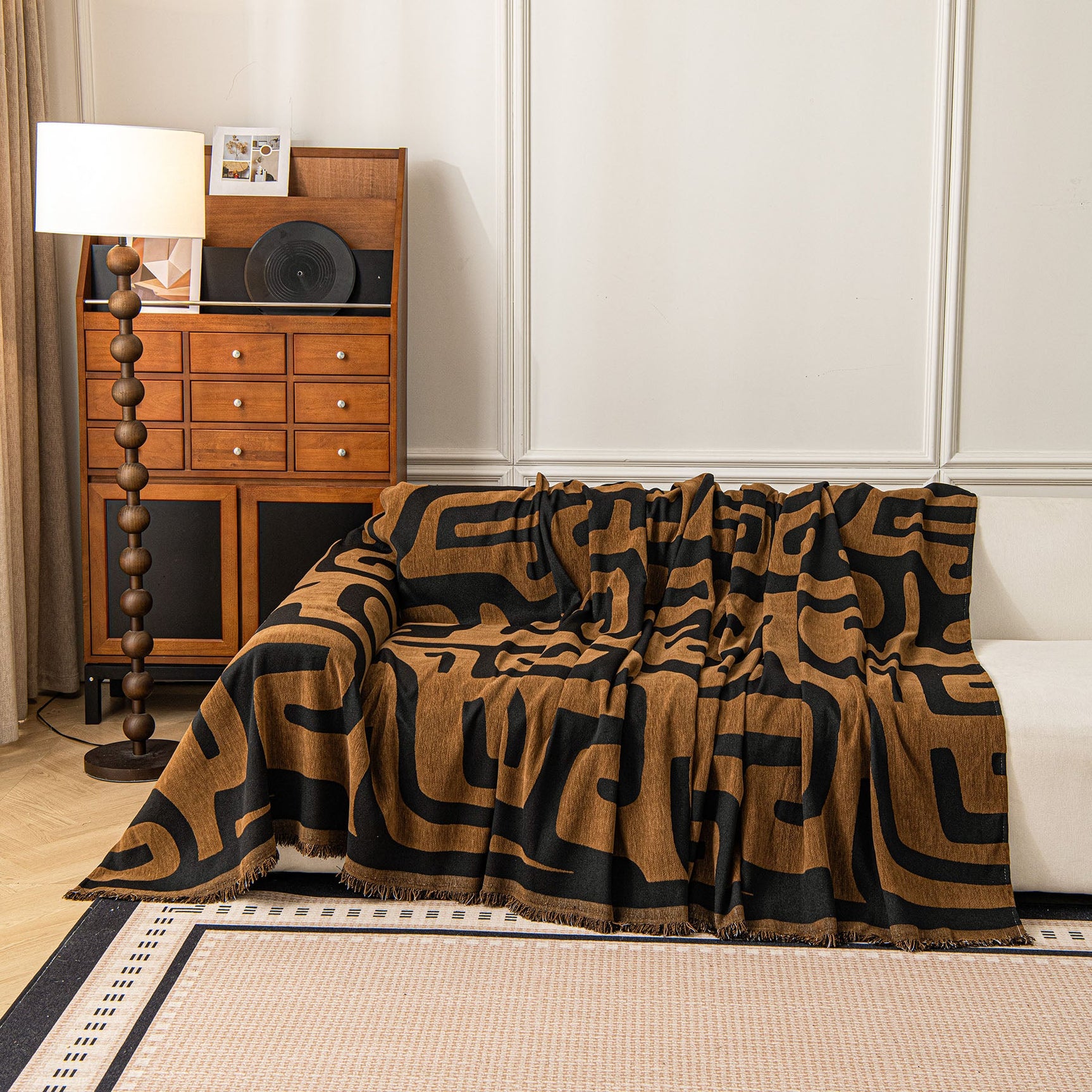 Modern Boho Chenille Sofa Cover Throw Blanket, Abstract Geometric Pattern Couch Cover - Ornate Home