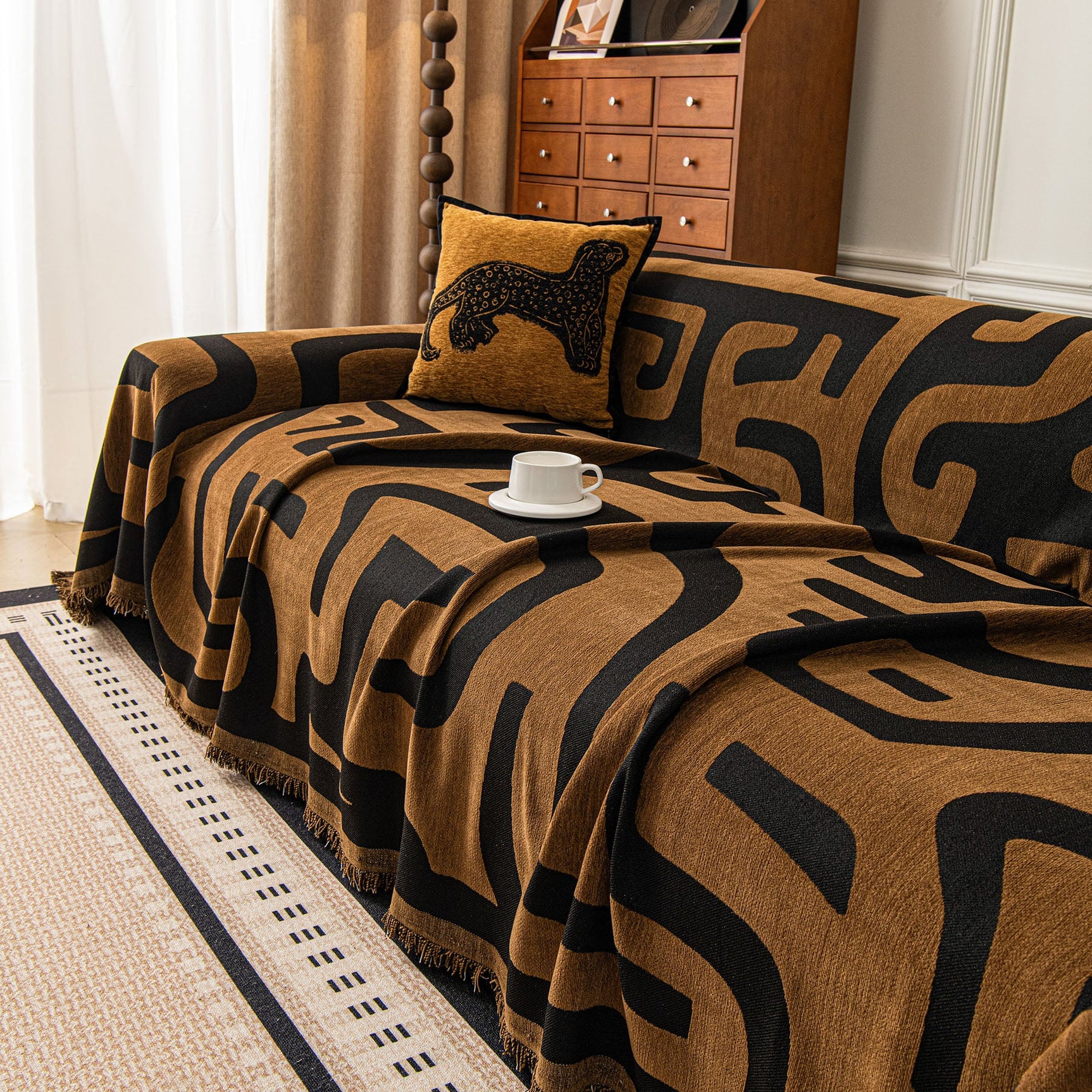 Modern Boho Chenille Sofa Cover Throw Blanket, Abstract Geometric Pattern Couch Cover - Ornate Home