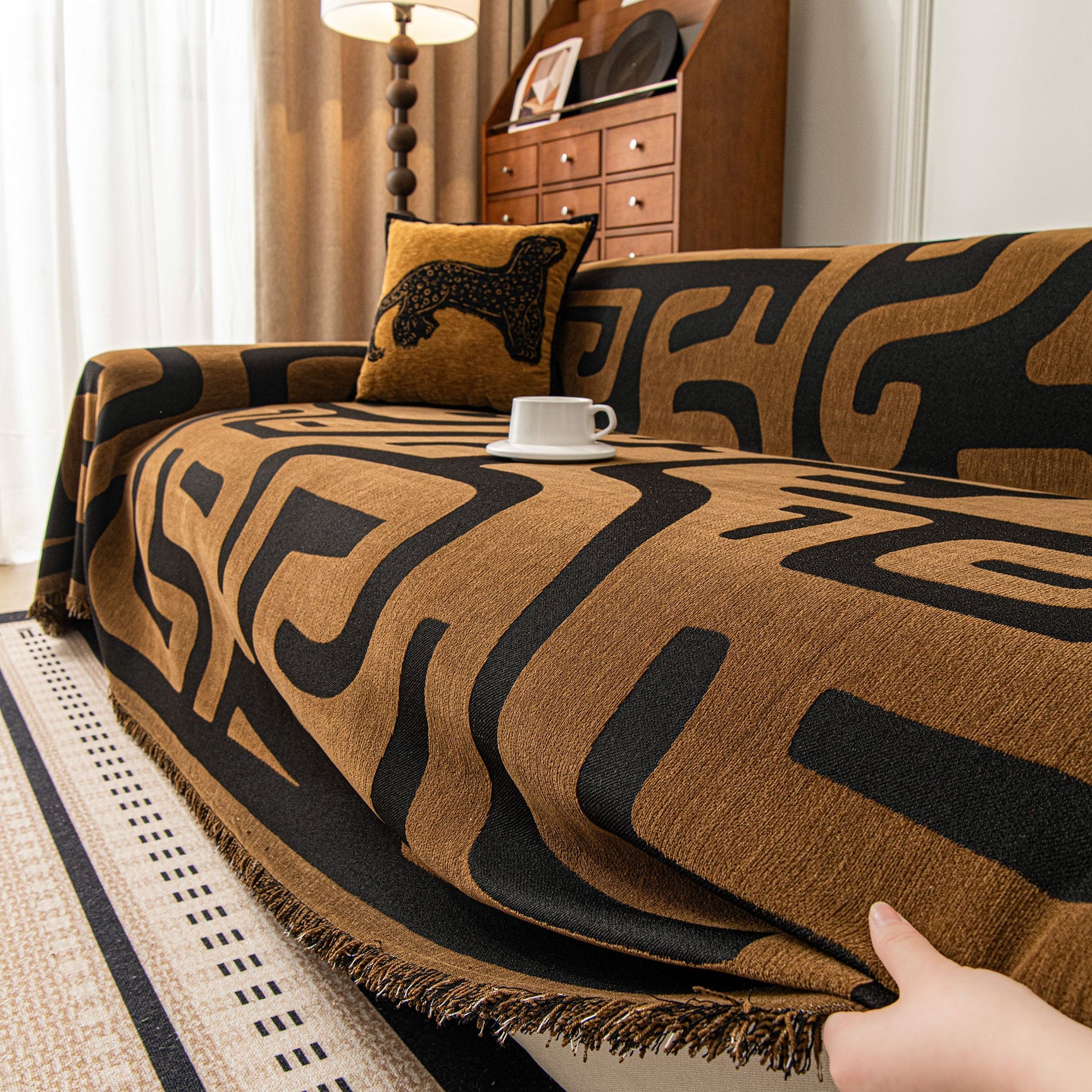 Modern Boho Chenille Sofa Cover Throw Blanket, Abstract Geometric Pattern Couch Cover - Ornate Home