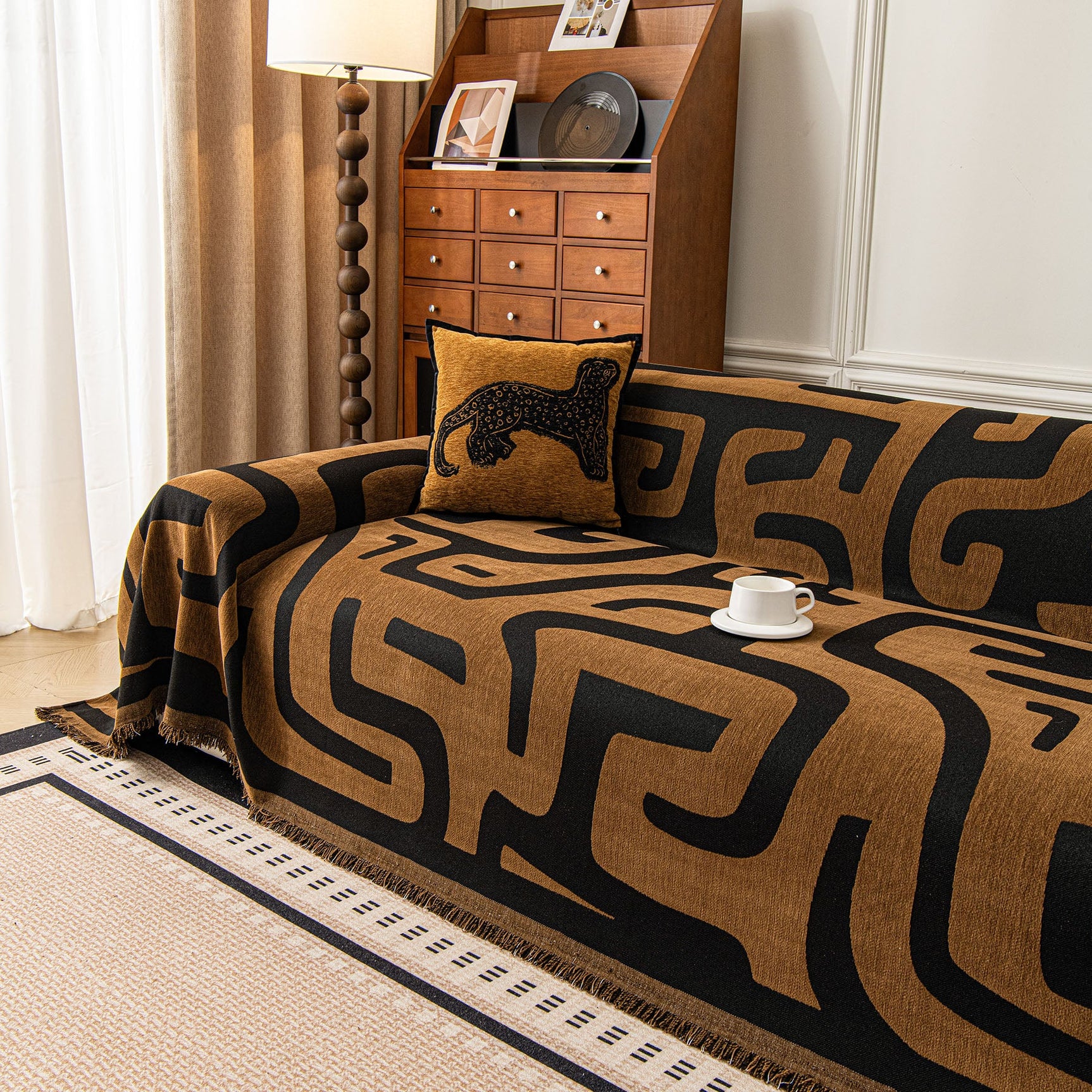 Modern Boho Chenille Sofa Cover Throw Blanket, Abstract Geometric Pattern Couch Cover - Ornate Home