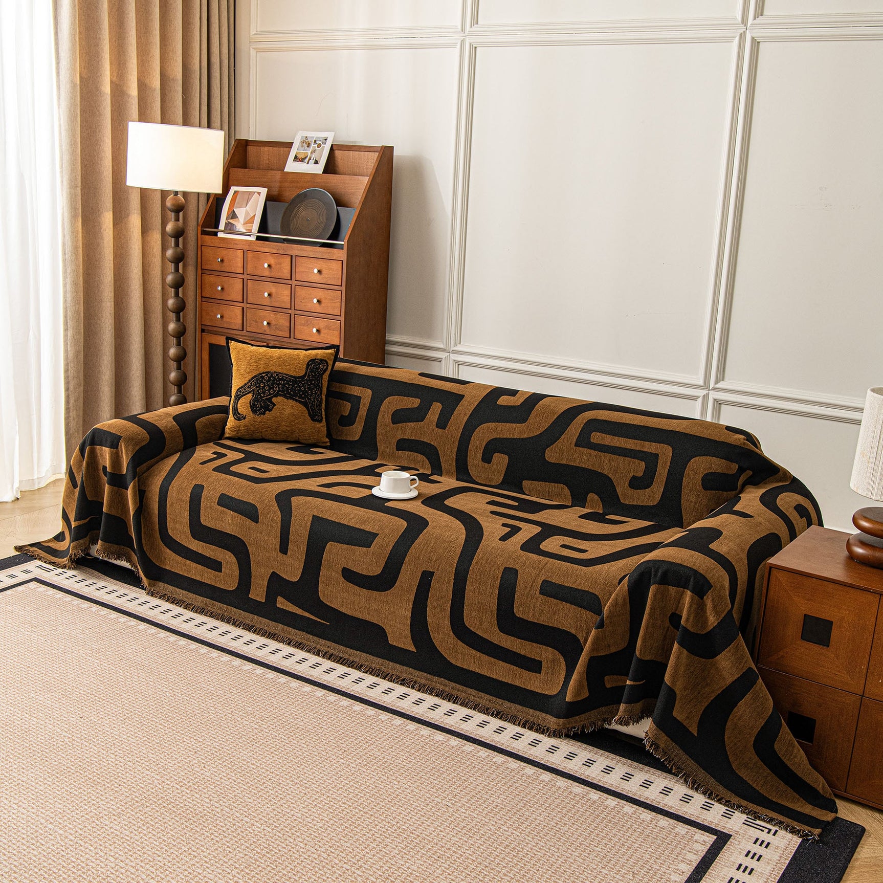 Modern Boho Chenille Sofa Cover Throw Blanket, Abstract Geometric Pattern Couch Cover - Ornate Home