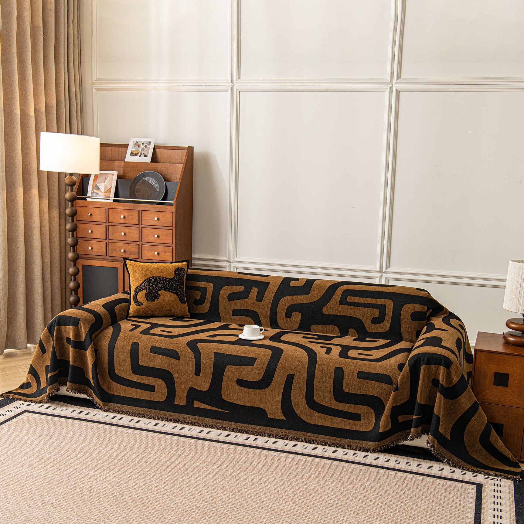 Modern Boho Chenille Sofa Cover Throw Blanket, Abstract Geometric Pattern Couch Cover - Ornate Home