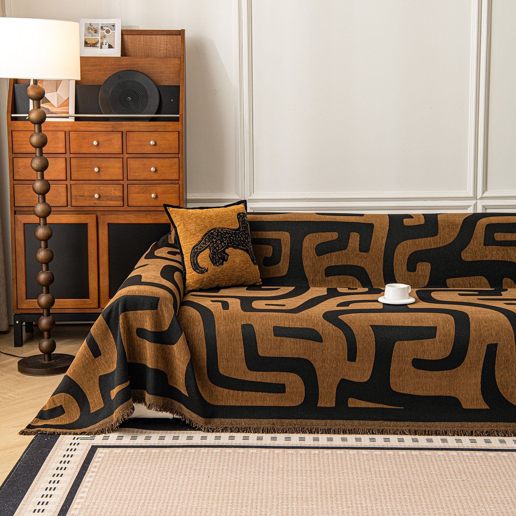 Modern Boho Chenille Sofa Cover Throw Blanket, Abstract Geometric Pattern Couch Cover - Ornate Home