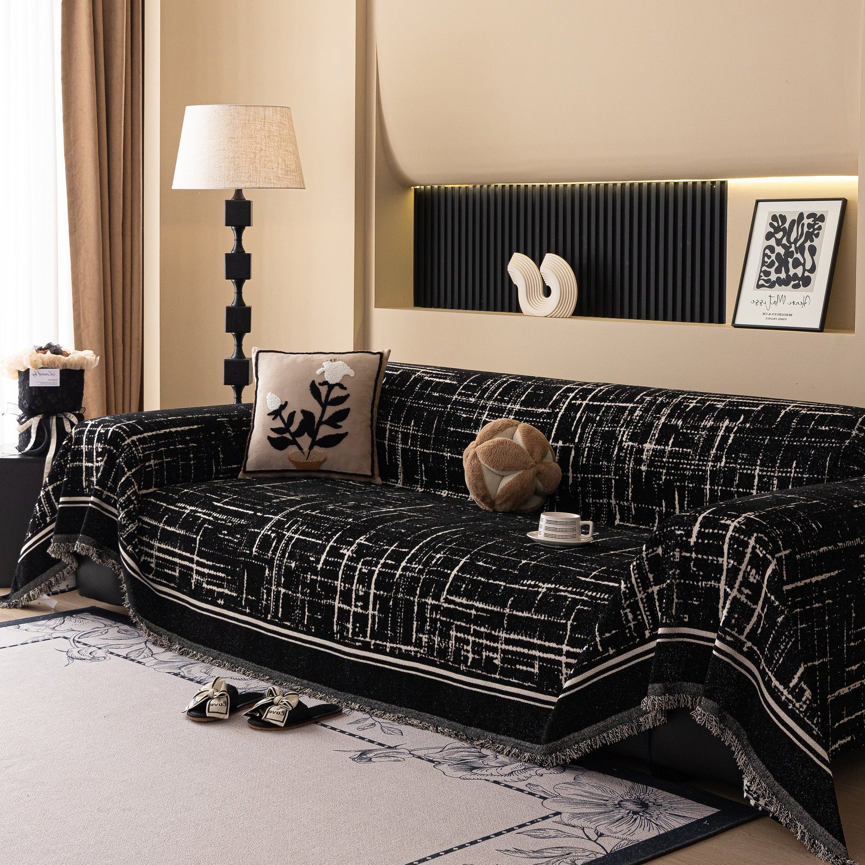 Modern Couch Protector Blanket Woven Chenille Sofa Cover Throw with Artistic Grid - Ornate Home