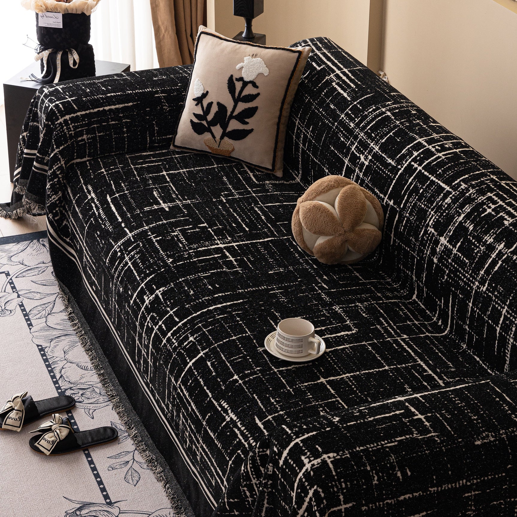 Modern Couch Protector Blanket Woven Chenille Sofa Cover Throw with Artistic Grid - Ornate Home