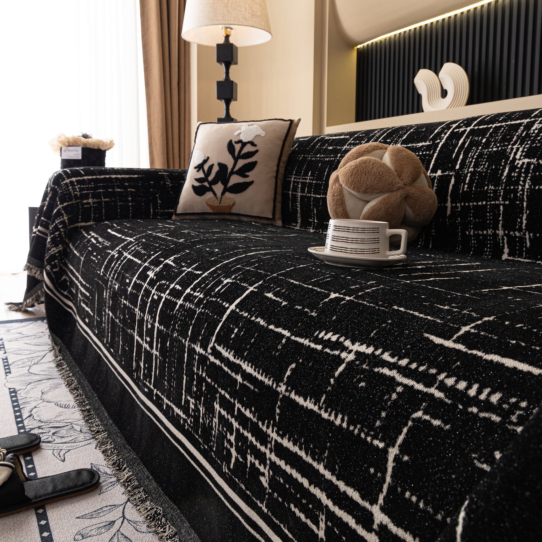 Modern Couch Protector Blanket Woven Chenille Sofa Cover Throw with Artistic Grid - Ornate Home