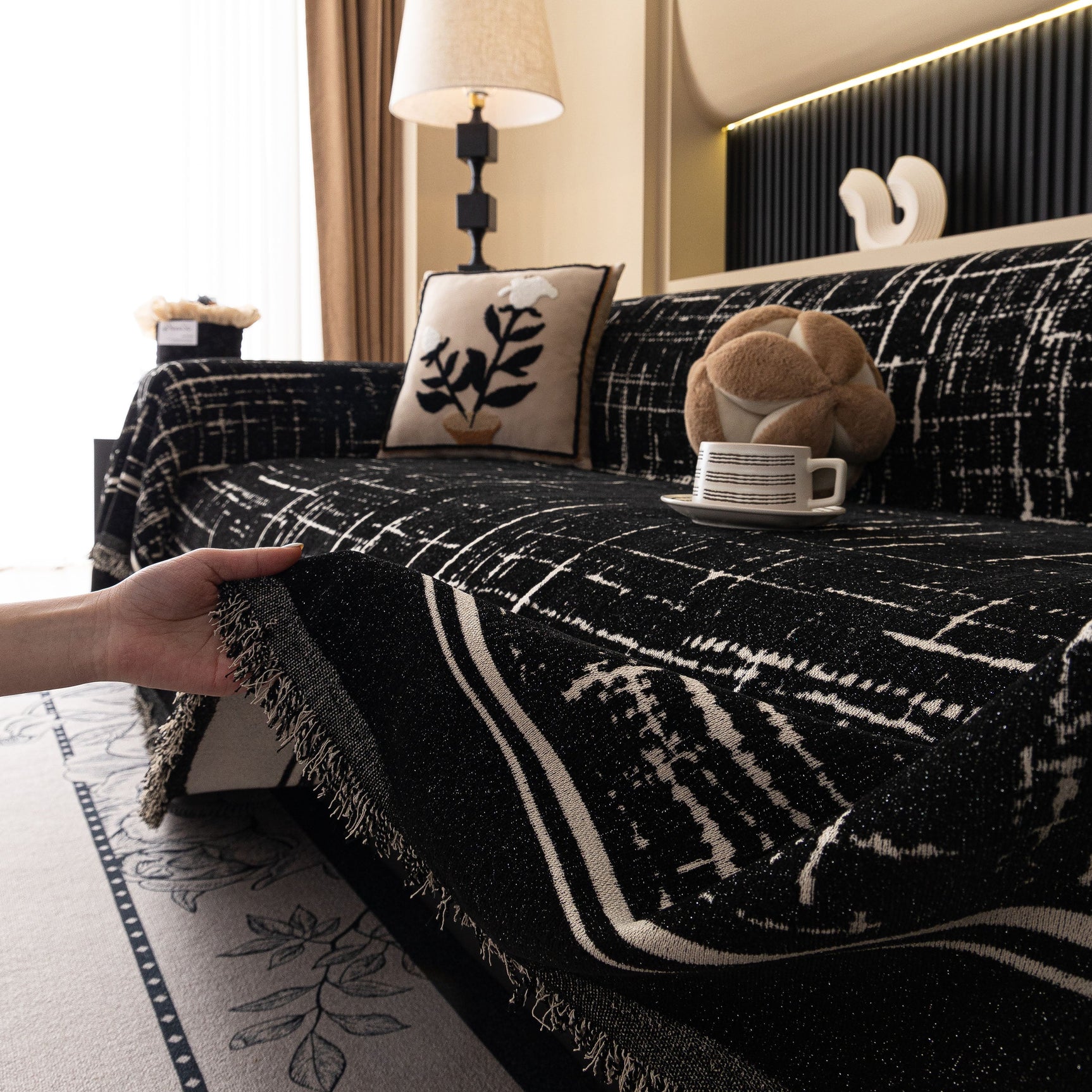 Modern Couch Protector Blanket Woven Chenille Sofa Cover Throw with Artistic Grid - Ornate Home