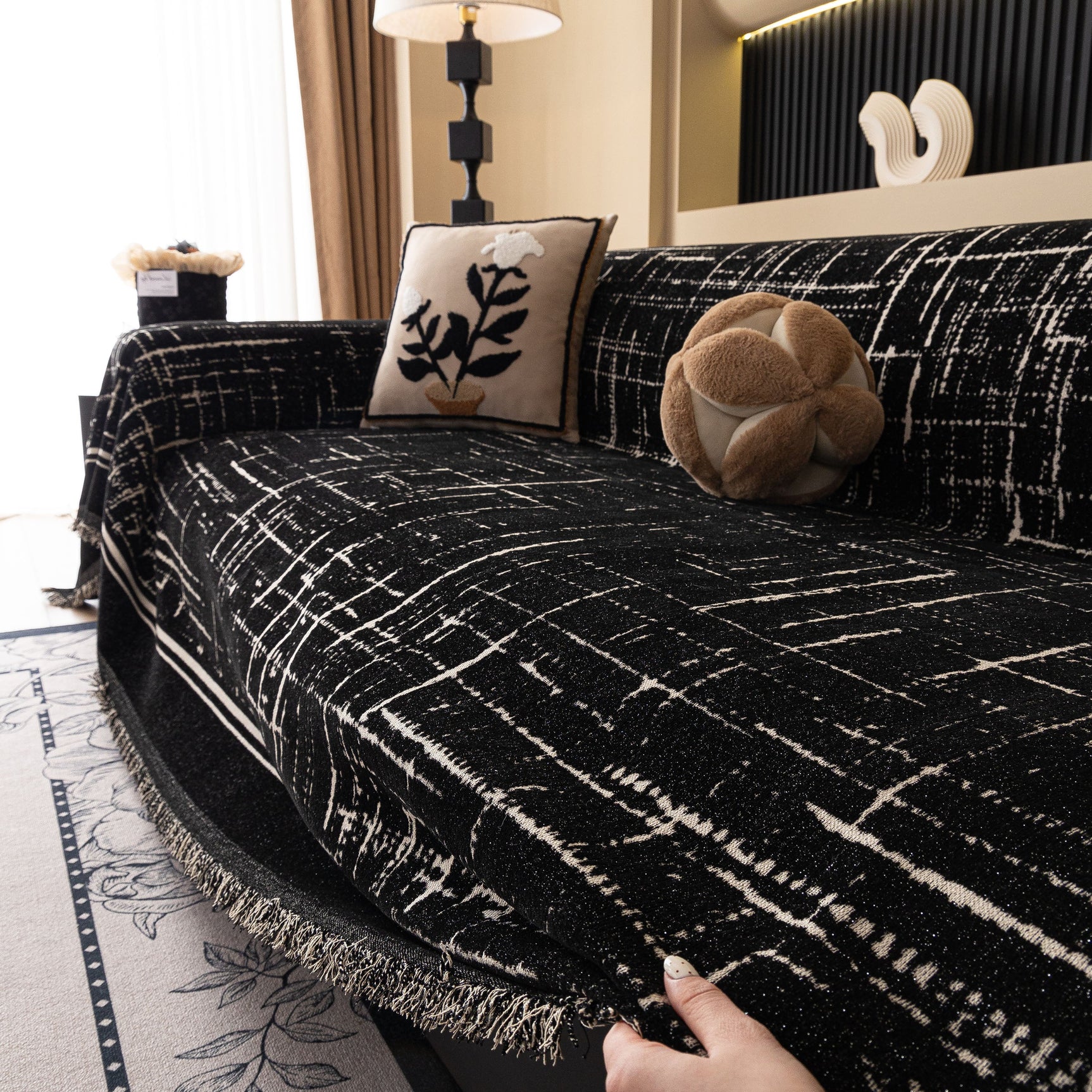 Modern Couch Protector Blanket Woven Chenille Sofa Cover Throw with Artistic Grid - Ornate Home