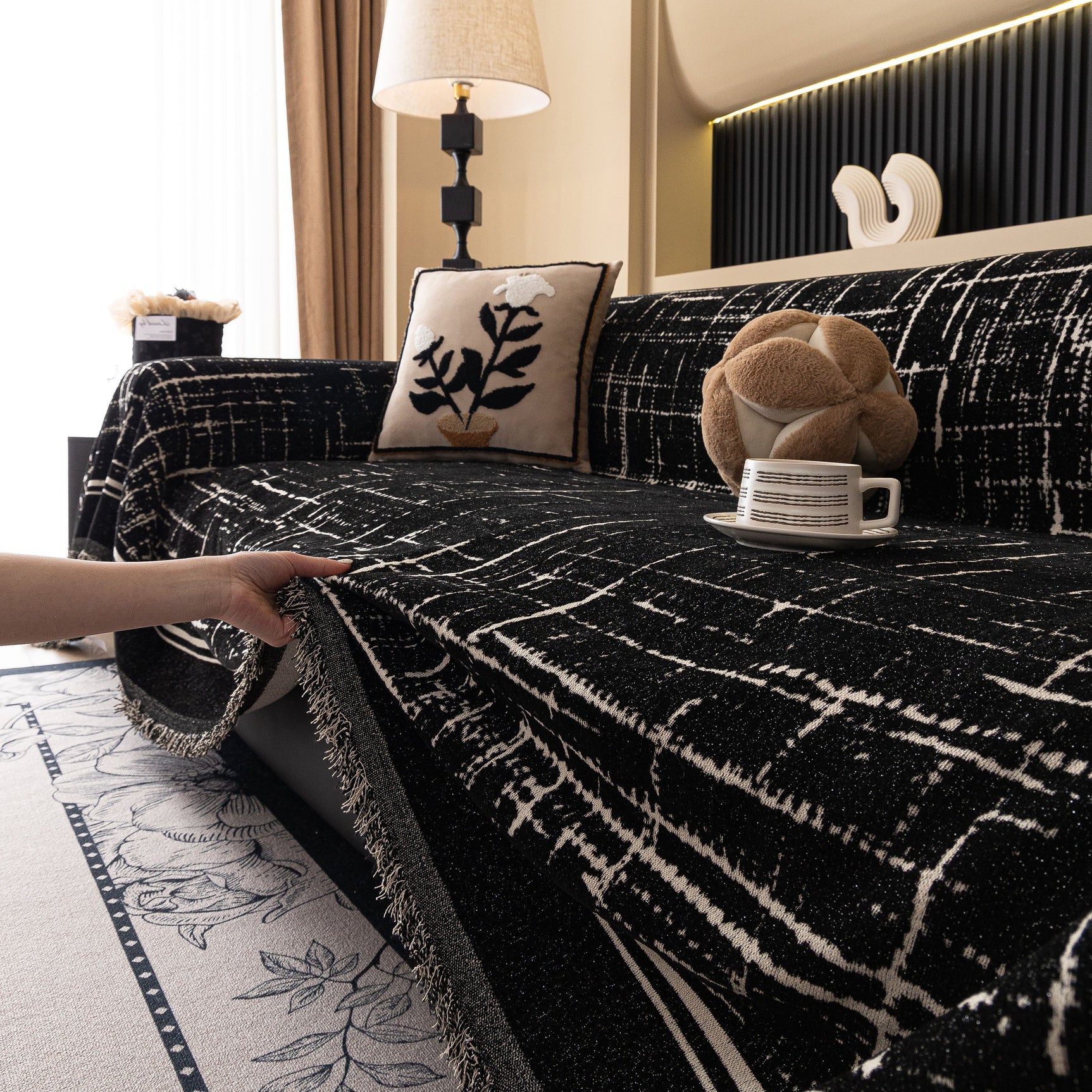 Modern Couch Protector Blanket Woven Chenille Sofa Cover Throw with Artistic Grid - Ornate Home