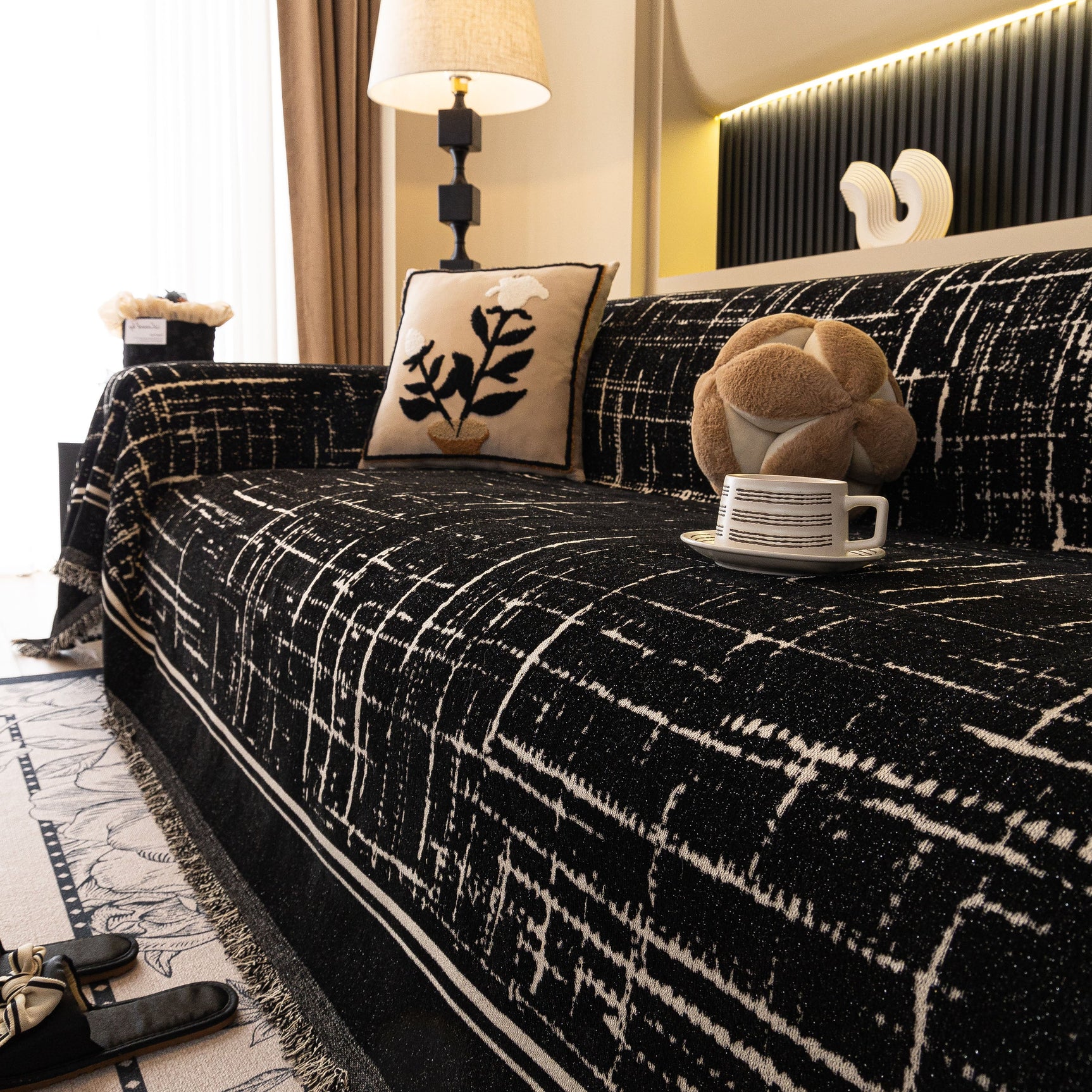 Modern Couch Protector Blanket Woven Chenille Sofa Cover Throw with Artistic Grid - Ornate Home
