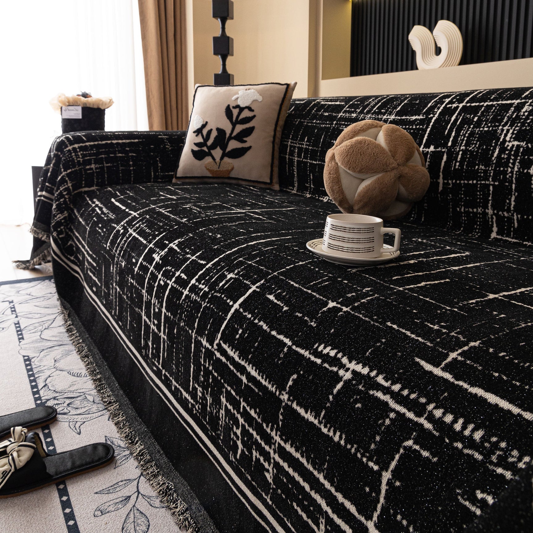 Modern Couch Protector Blanket Woven Chenille Sofa Cover Throw with Artistic Grid - Ornate Home