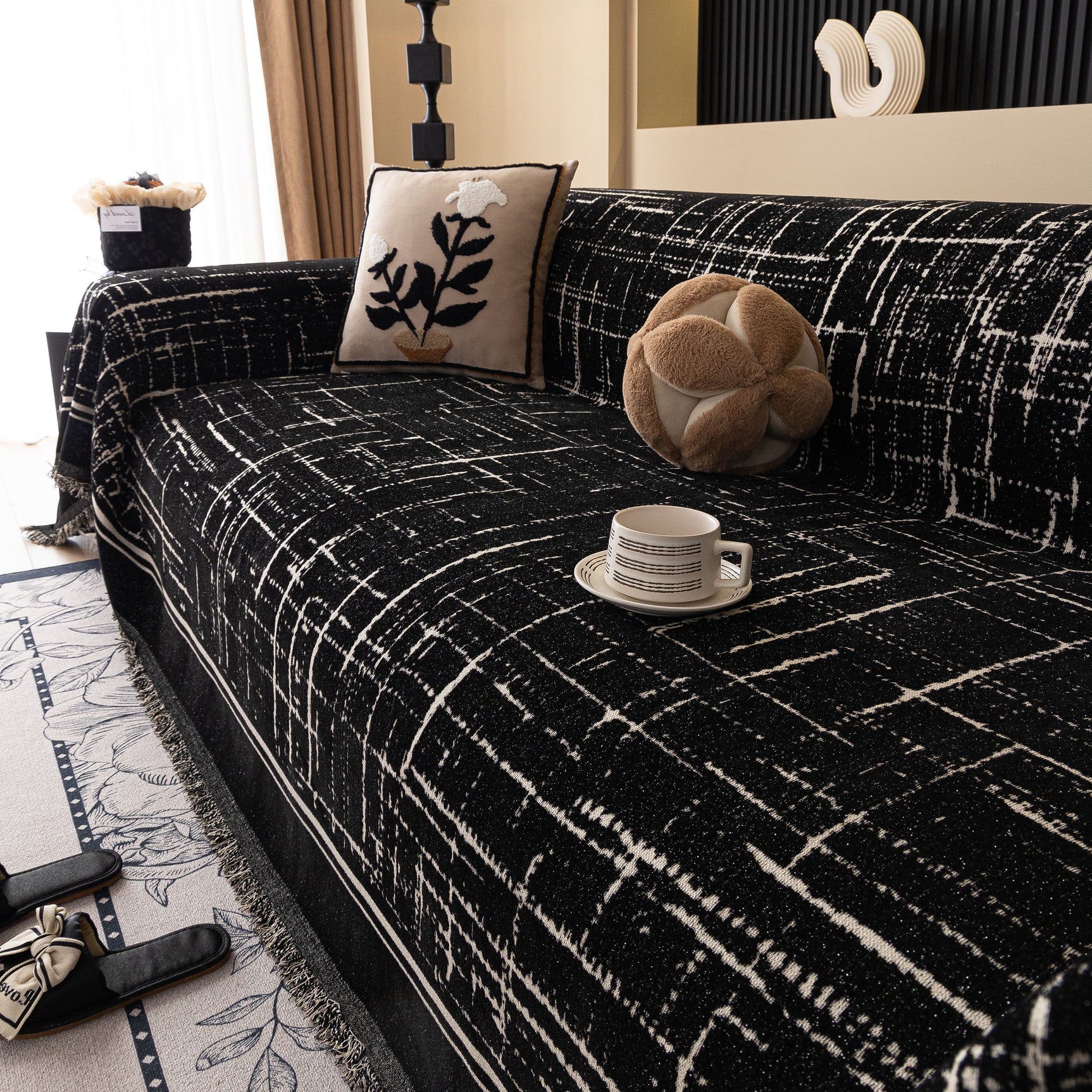 Modern Couch Protector Blanket Woven Chenille Sofa Cover Throw with Artistic Grid - Ornate Home