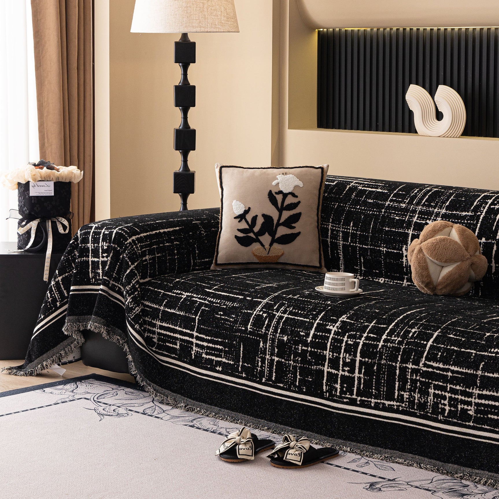 Modern Couch Protector Blanket Woven Chenille Sofa Cover Throw with Artistic Grid - Ornate Home