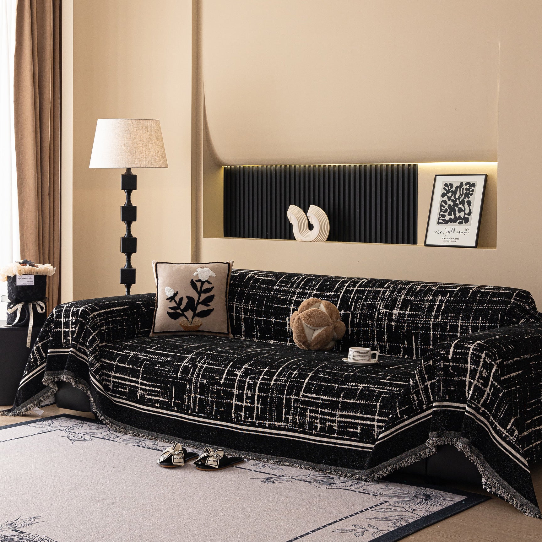 Modern Couch Protector Blanket Woven Chenille Sofa Cover Throw with Artistic Grid - Ornate Home