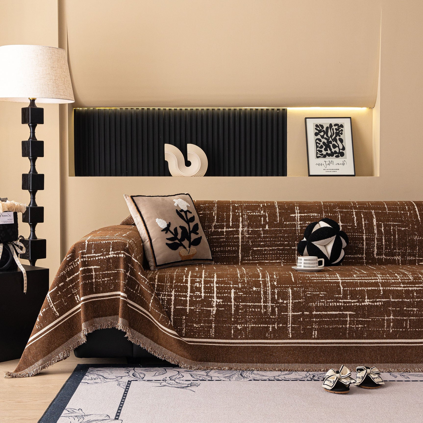 Modern Couch Protector Blanket Woven Chenille Sofa Cover Throw with Artistic Grid - Ornate Home